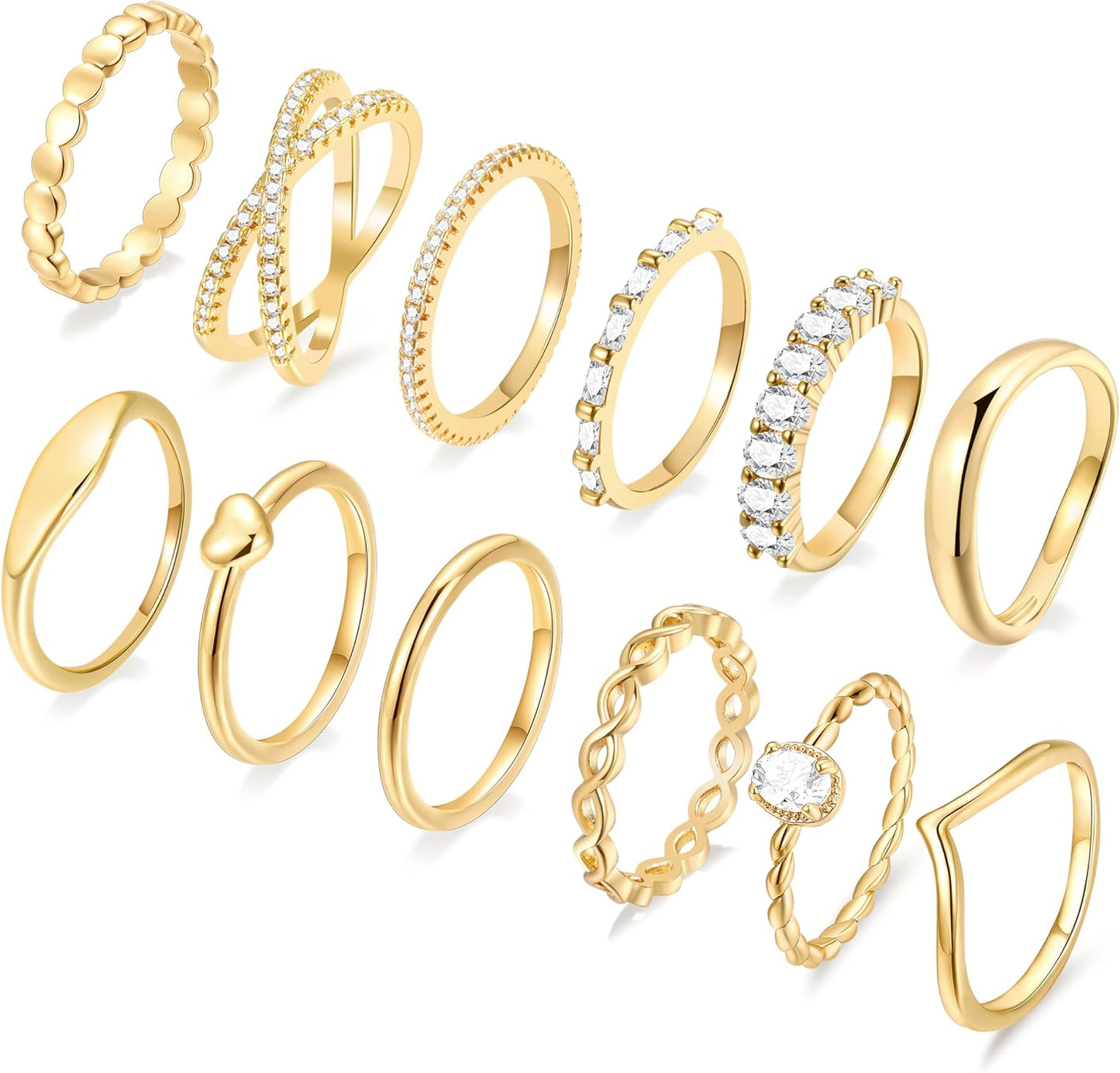 Manufacturer  FAXHION 12 PCS Dainty 14K Gold Rings for Women, Eternity Open Chunky Twist Simulated Diamond Criss Cross Designs, Non Tarnish Gold Plated Stacking Thumb Ring, Perfect for Wedding Bands Size 5-11   rings