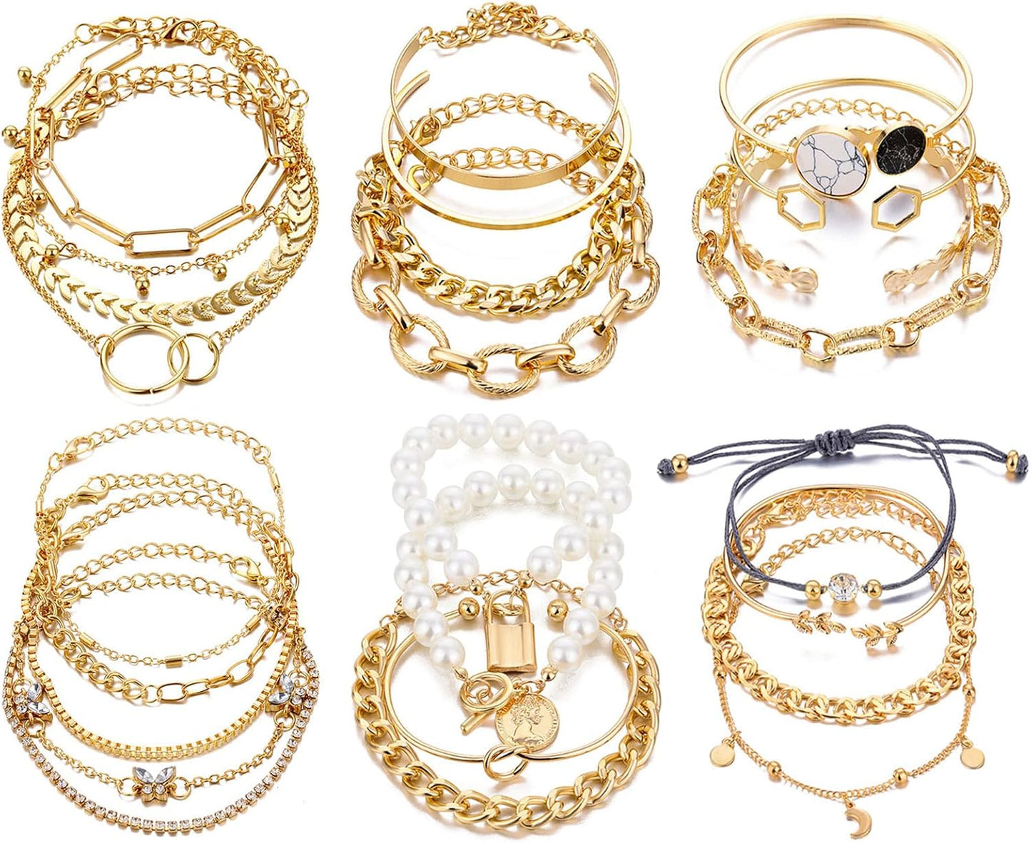 Manufacturer  17IF 18-25 PCS(6 Pack) Boho Gold Bracelets Set for Women Stackable Chunky Dainty Bangles Adjustable Chain Flat Cuff Cuban Punk Charm Bundle Jewelry  bracelets