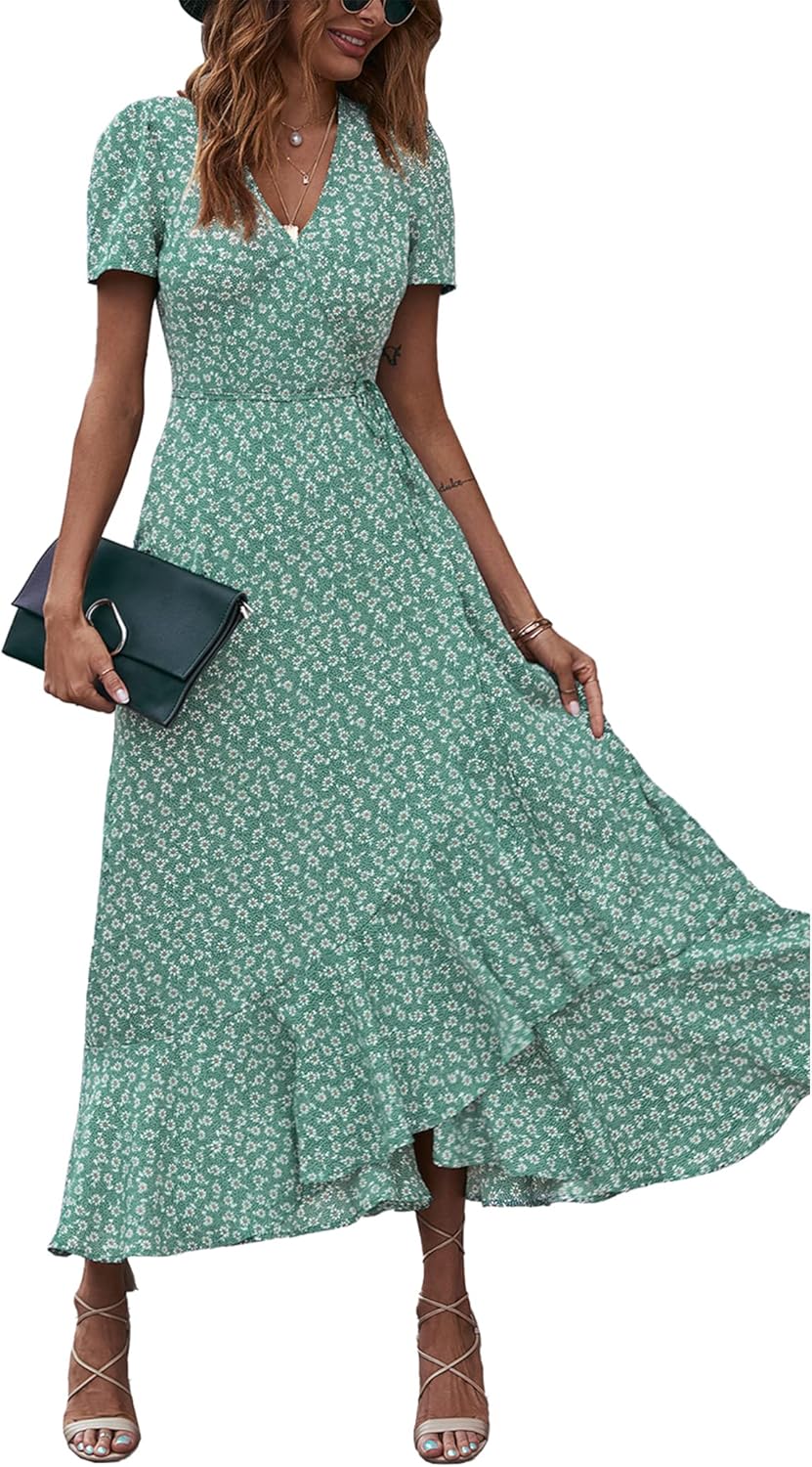 Manufacturer  PRETTYGARDEN Women's Summer Maxi Dress Casual Wrap Floral Boho Short Sleeve V Neck Split Ruffle Beach Long Dresses dresses