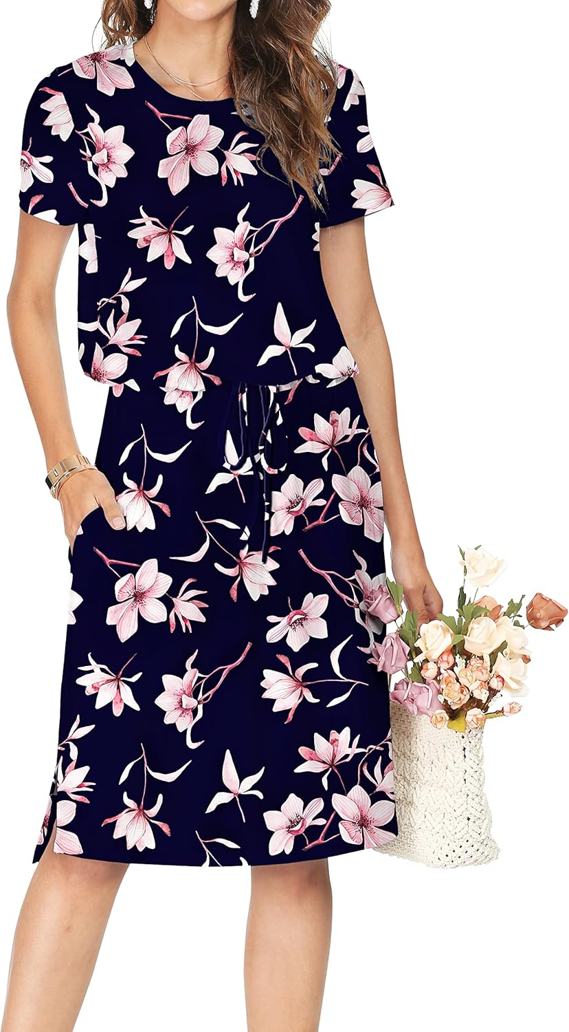 Manufacturer  Simier Fariry Womens Summer Hide Belly Knee Length Travel Dress Pocket Short Sleeve Midi Work Casual Teacher Outfit dresses