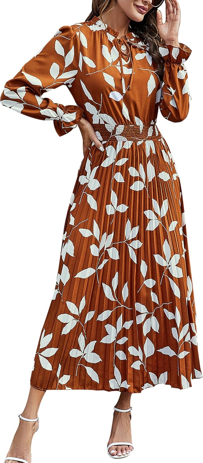 Manufacturer PRETTYGARDEN Women's  Spring Fall Midi Dress Casual Long Sleeve V Neck Swiss Dot Pleated A Line Flowy Dresses