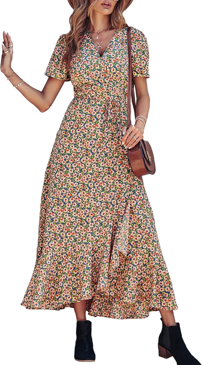 Manufacturer  PRETTYGARDEN Women's Summer Maxi Dress Casual Wrap Floral Boho Short Sleeve V Neck Split Ruffle Beach Long Dresses dresses