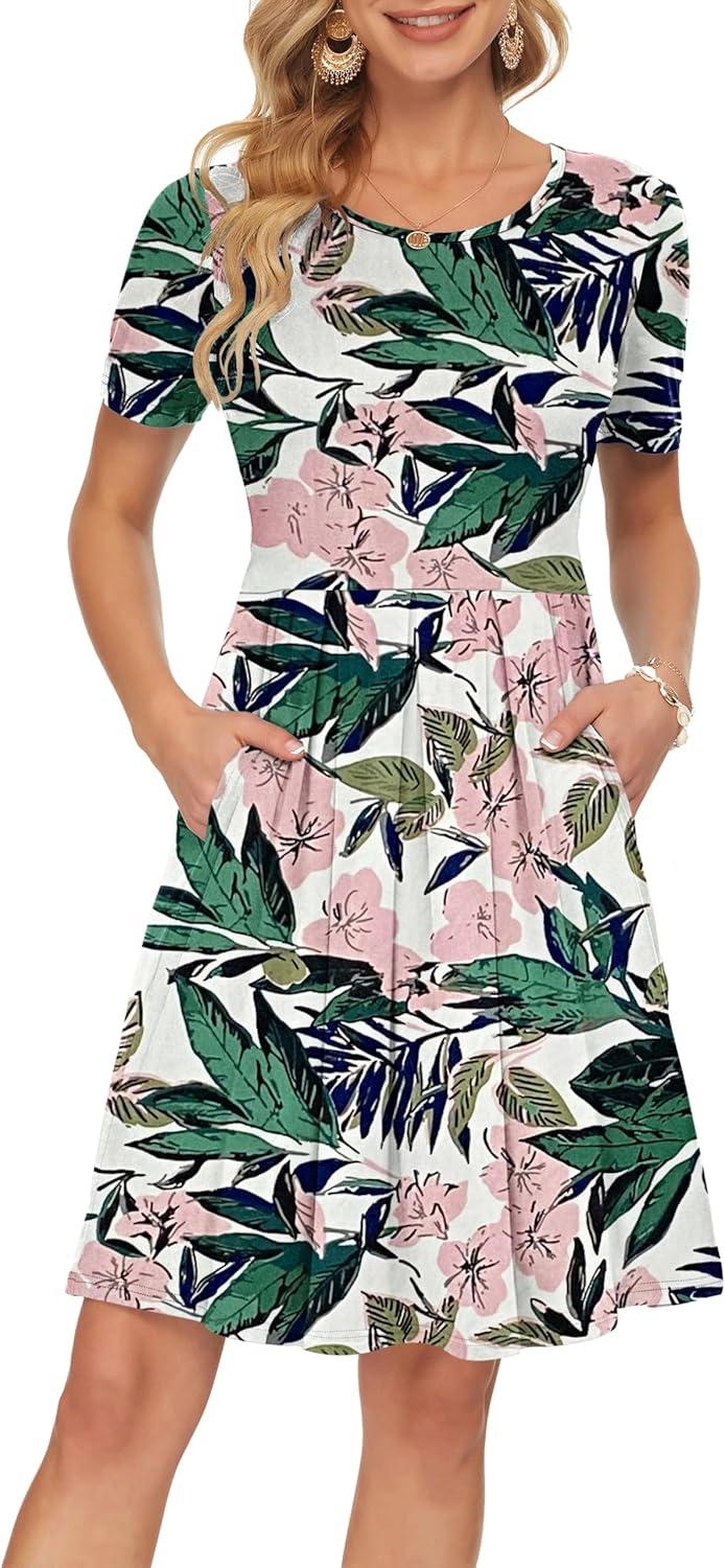 Manufacturer  AUSELILY Women's Short Sleeve Summer Dress Pleated Loose Swing Knee Length Dresses with Pockets  New dresses