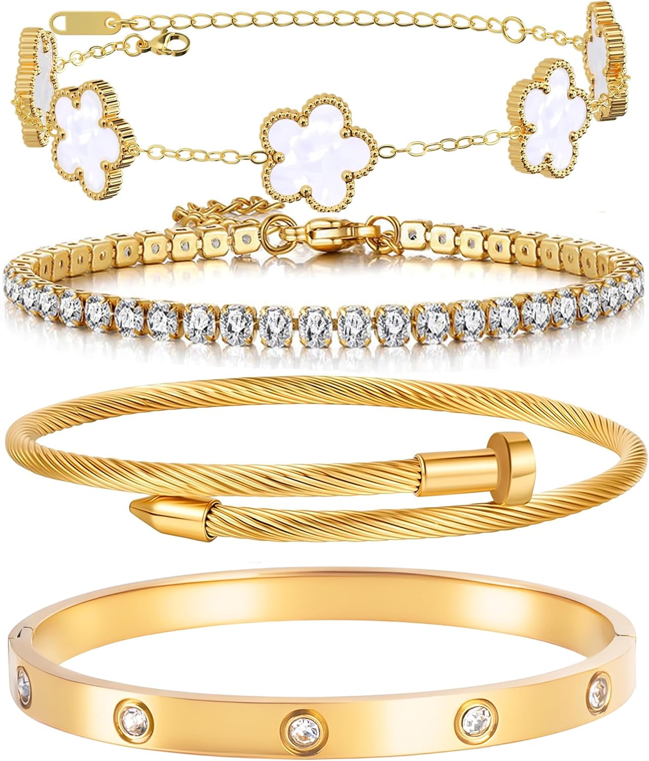 Manufacturer  Lamdo 18K Gold Plated Womens Stackable Floral Gold Clover Bracelets Set Love Bangle Bracelets Non Tarnish, Gold Bracelet Set Trendy Jewelry,Gifts for Women's Day and Mother's Day  bracelets
