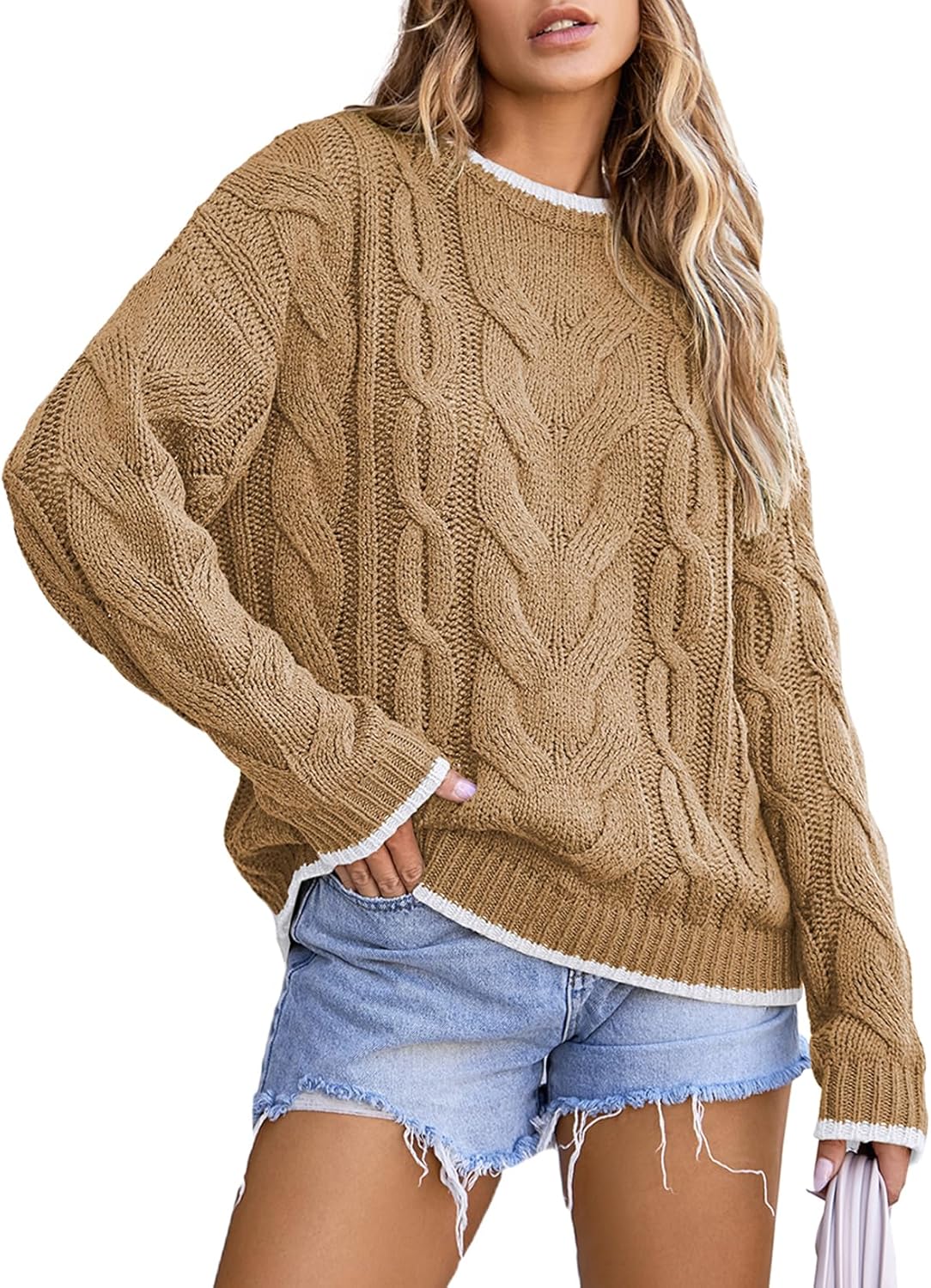 Manufacturer  EVALESS Sweaters for Women Trendy Crewneck Long Sleeve Color Block Sweater Tops Fall  Chunky Cable Knit Pullover Sweaters   sweaters