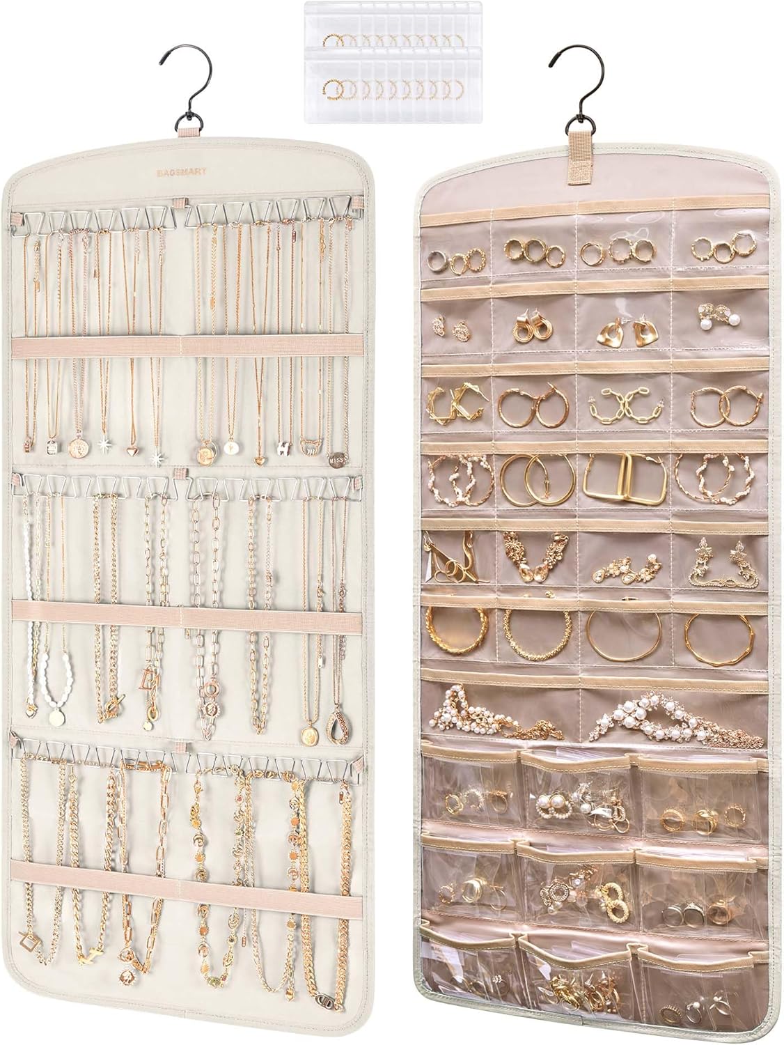 Manufacturer  BAGSMART Hanging Jewelry Organizer, Necklace Holder Anti-tangle Earrings Rings Hanger with 20 Jewelry Bags Travel Storage Roll with Pockets Hang on Closet, Wall, Door,1 Piece, Large, Black  earring