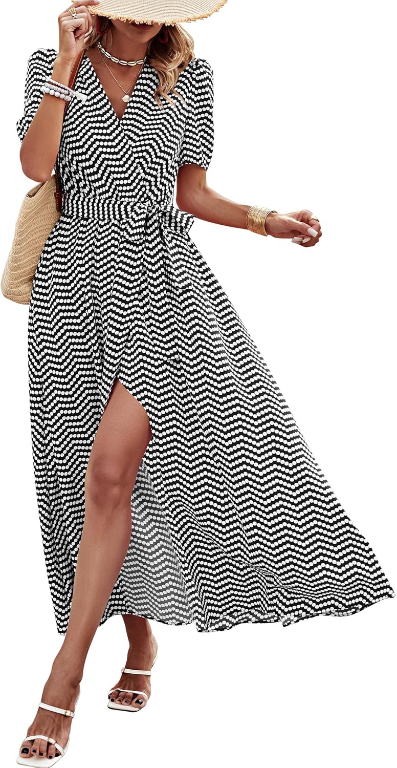 Manufacturer  PRETTYGARDEN Women's Summer Maxi Dress Casual Wrap Floral Boho Short Sleeve V Neck Split Ruffle Beach Long Dresses dresses