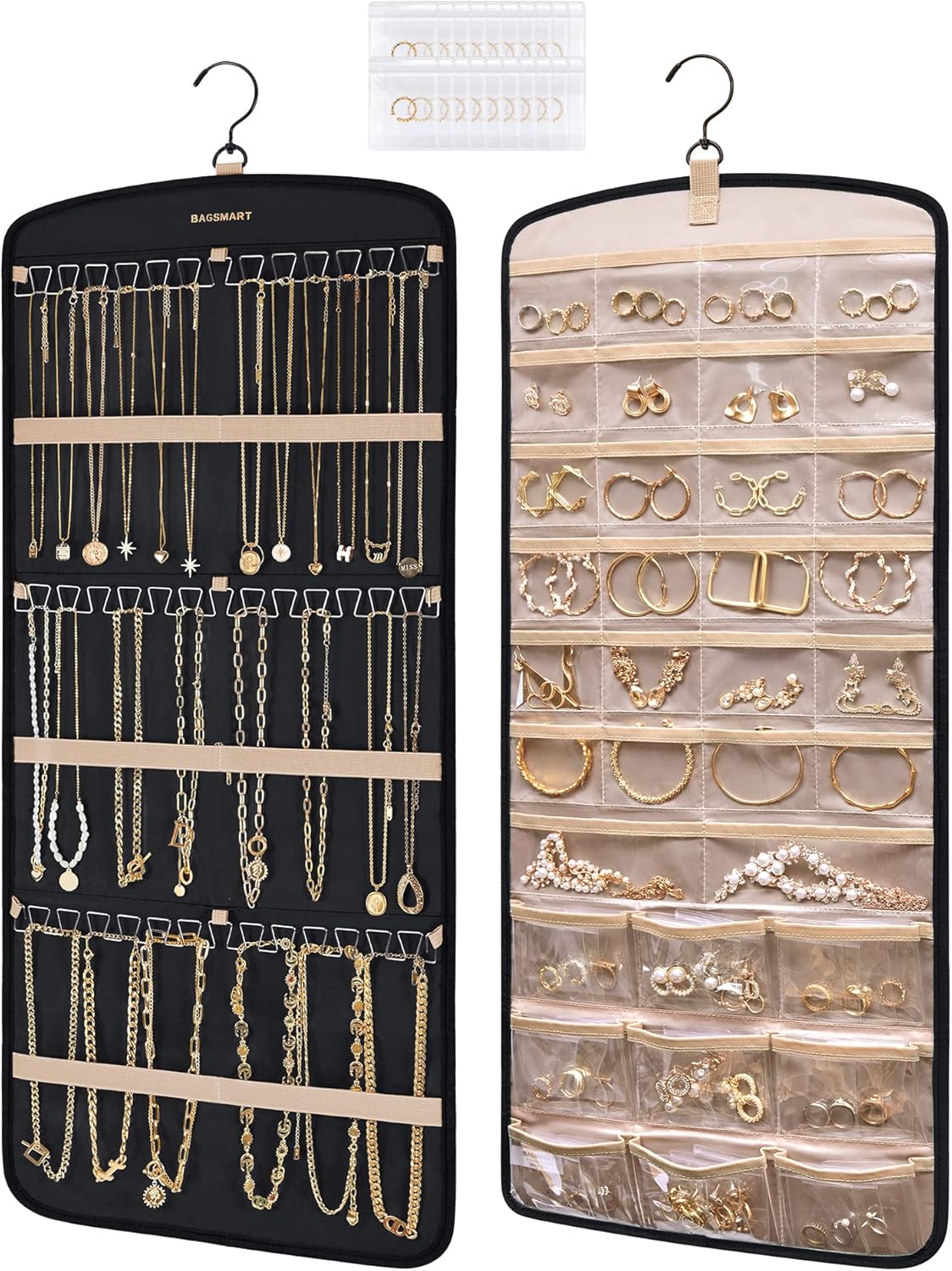 Manufacturer  BAGSMART Hanging Jewelry Organizer, Necklace Holder Anti-tangle Earrings Rings Hanger with 20 Jewelry Bags Travel Storage Roll with Pockets Hang on Closet, Wall, Door,1 Piece, Large, Black  earring