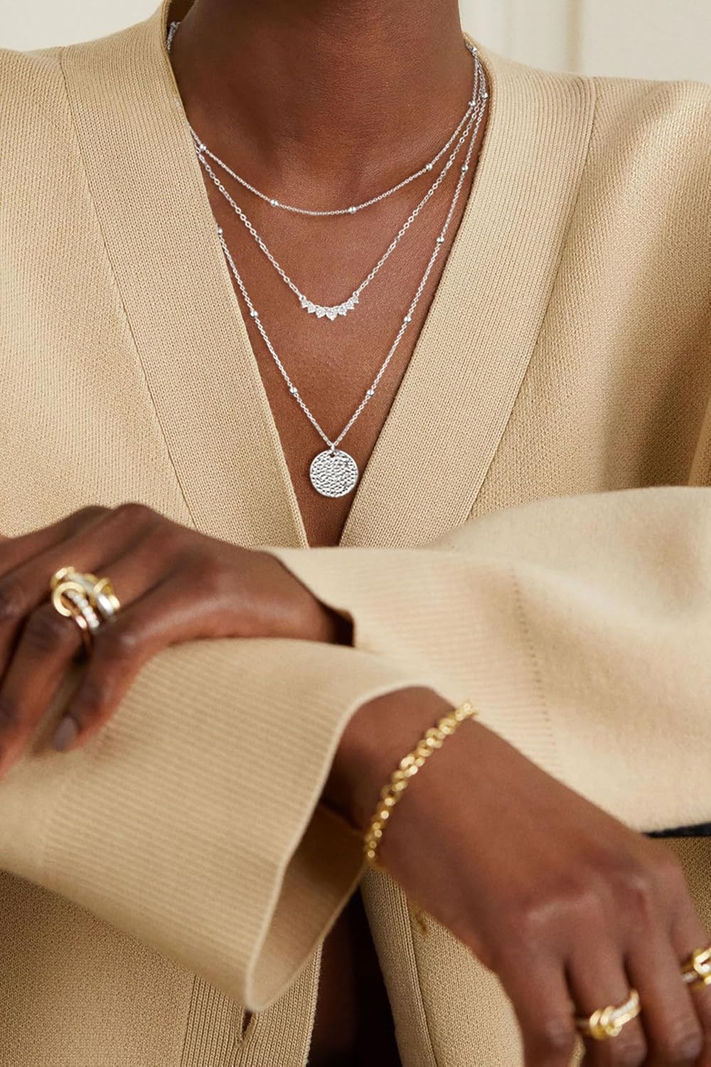 Manufacturer  Layered Silver Necklaces for Women, Sterling Silver Stackable Stack Choker Necklaces Trendy Real Gold Plated Layering Disc Circle Pendant Chain Dainty Necklace Set Jewelry for Women  Necklace