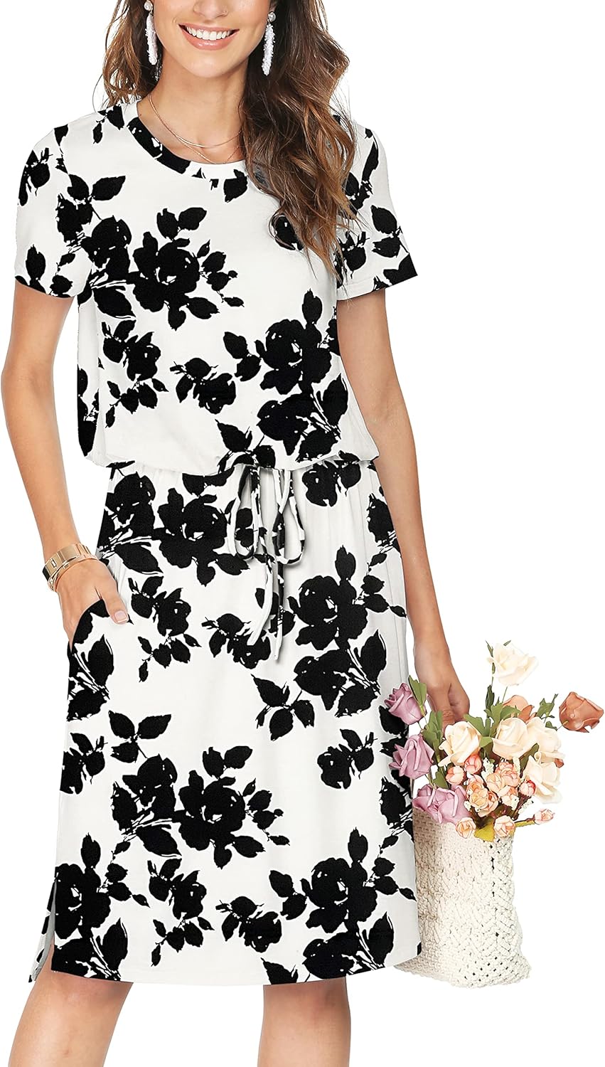 Manufacturer  Simier Fariry Womens Summer Hide Belly Knee Length Travel Dress Pocket Short Sleeve Midi Work Casual Teacher Outfit dresses