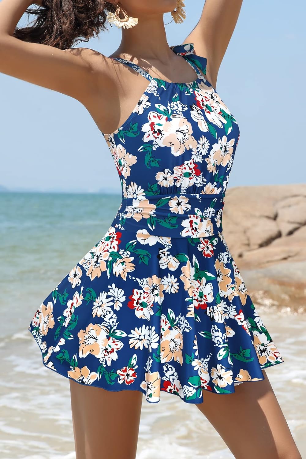 Manufacturer  SHEKINI Women's High Neck One Piece Swimdress Floral Swim Dress Bandage Swim Skirt  Swimsuit