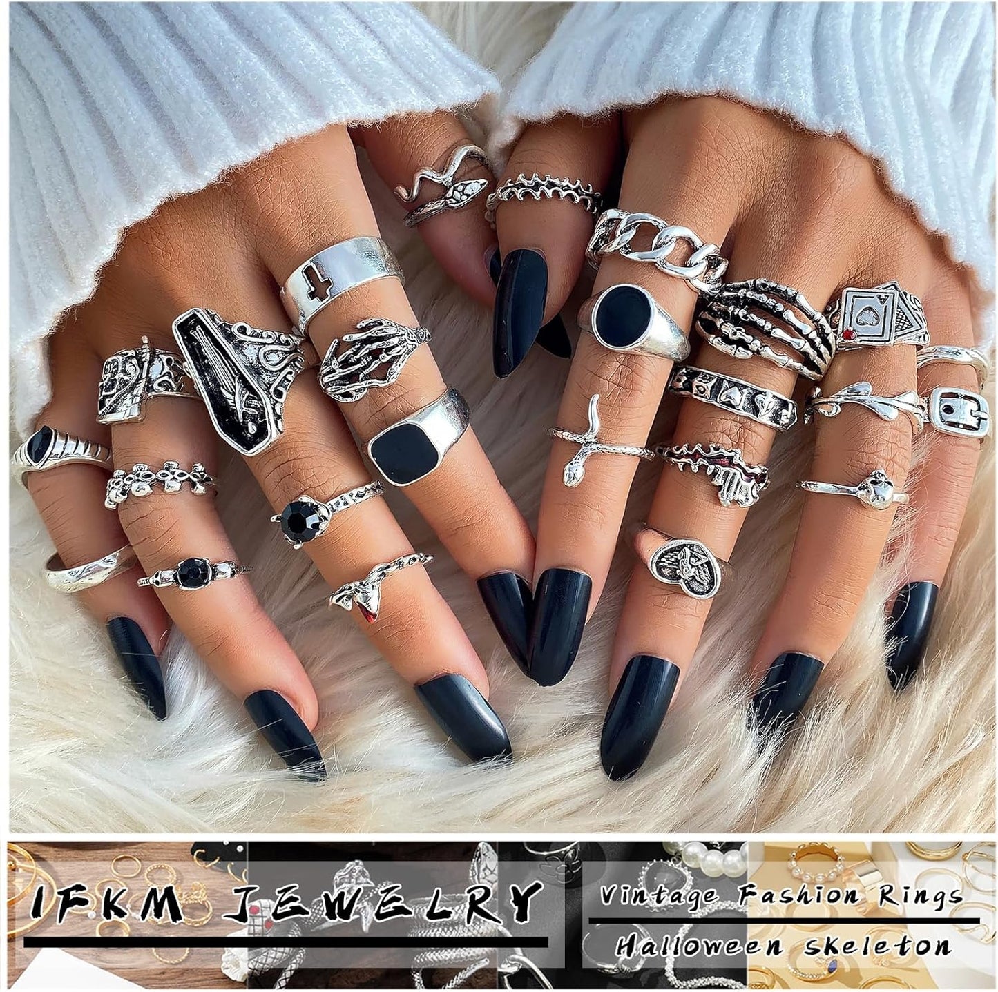 Manufacturer  IFKM Vintage Silver Knuckle Rings Set for Women, Stackable Joint Finger Statement Rings Bohemian Retro Hollow Carved Midi Rings, Boho Halloween Skeleton Skull Snake Heart Chunky Stacking Rings Pack   rings