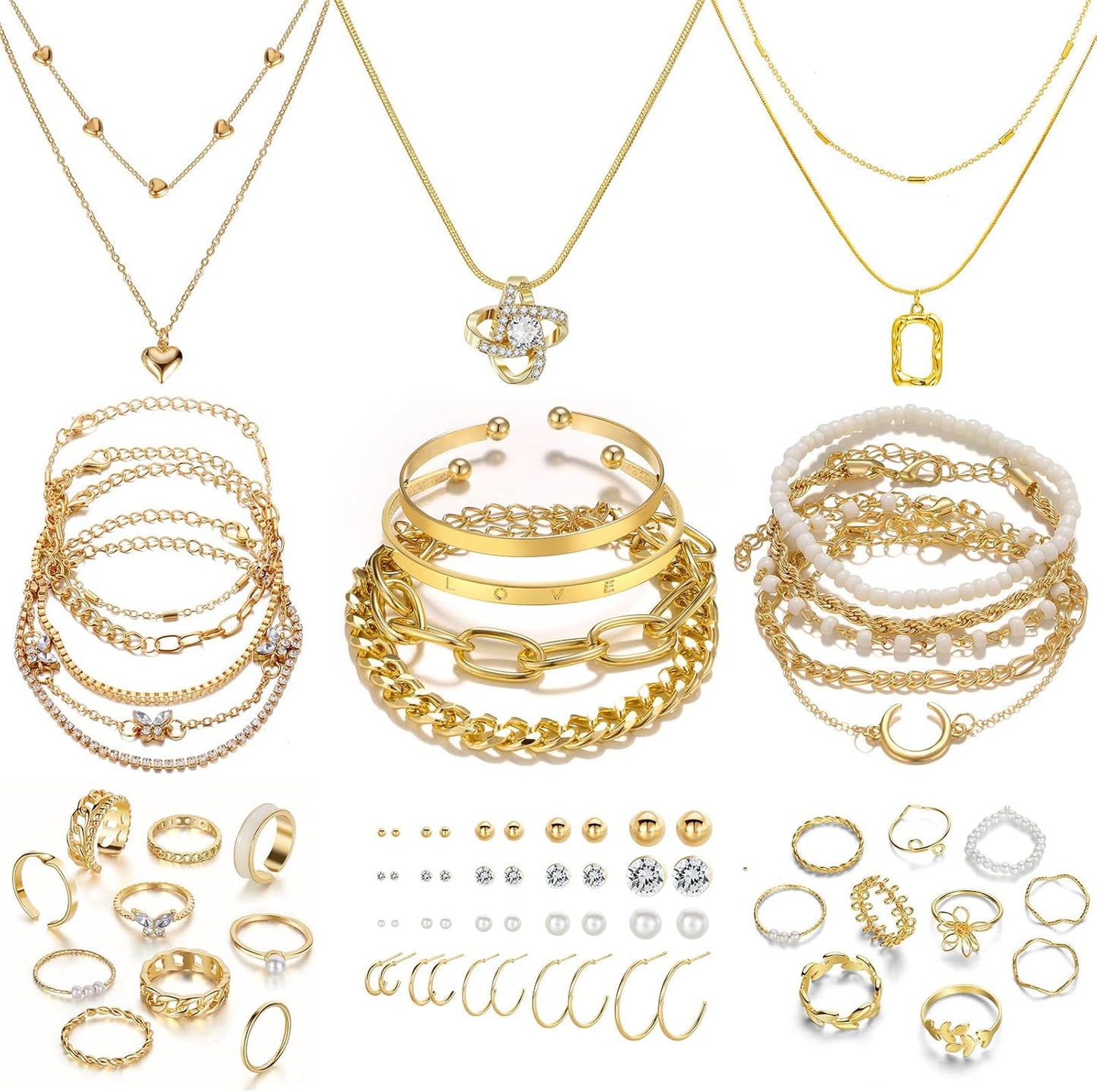 Manufacturer  IFKM 36 PC Gold Plated Jewelry Set with 4 Necklace, 11 Bracelet, 7 Ear Cuffs Earring, 14 Knuckle Rings for Women Girls Valentine Anniversary Birthday Friendship Gift  bracelets