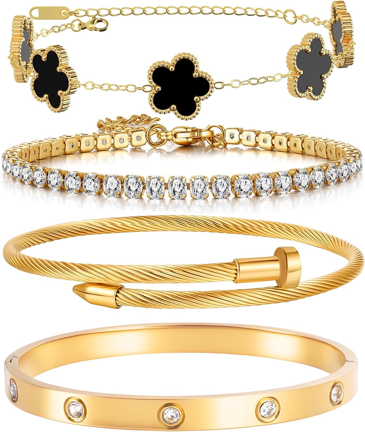Manufacturer  Lamdo 18K Gold Plated Womens Stackable Floral Gold Clover Bracelets Set Love Bangle Bracelets Non Tarnish, Gold Bracelet Set Trendy Jewelry,Gifts for Women's Day and Mother's Day  bracelets