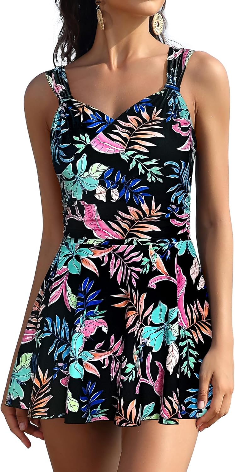 Manufacturer  SHEKINI Womens Elegant One Piece Swimdress Tummy Control Crossover Skirted Swimsuit  Swimsuit