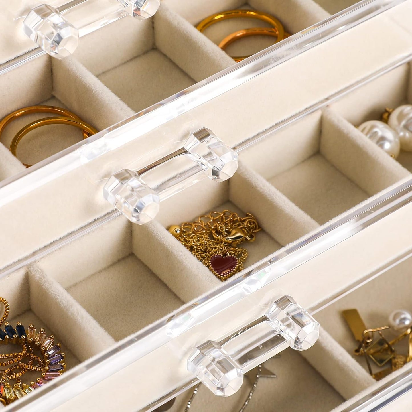 Manufacturer  Frebeauty Acrylic Jewelry Organizer Earring Organizer Box with 5 Drawers Earring Holder Organizer with Velvet Trays Clear Jewelry Box for Women Earring Display for Rings Studs(Beige)   rings