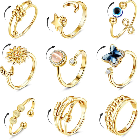 Manufacturer  FIBO STEEL 9 Pcs Fidget Anxiety Rings for Women Men Spinner Rings for Anxiety Relieving Stress Open CZ Flower Moon Star Anti Rotatable Rings Adjustable   rings