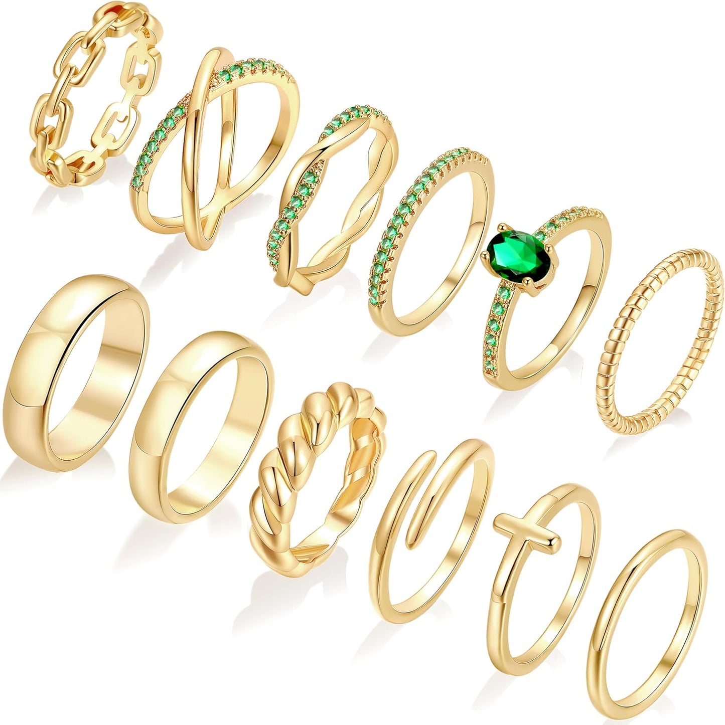 Manufacturer  FAXHION 12 PCS Dainty 14K Gold Rings for Women, Eternity Open Chunky Twist Simulated Diamond Criss Cross Designs, Non Tarnish Gold Plated Stacking Thumb Ring, Perfect for Wedding Bands Size 5-11   rings