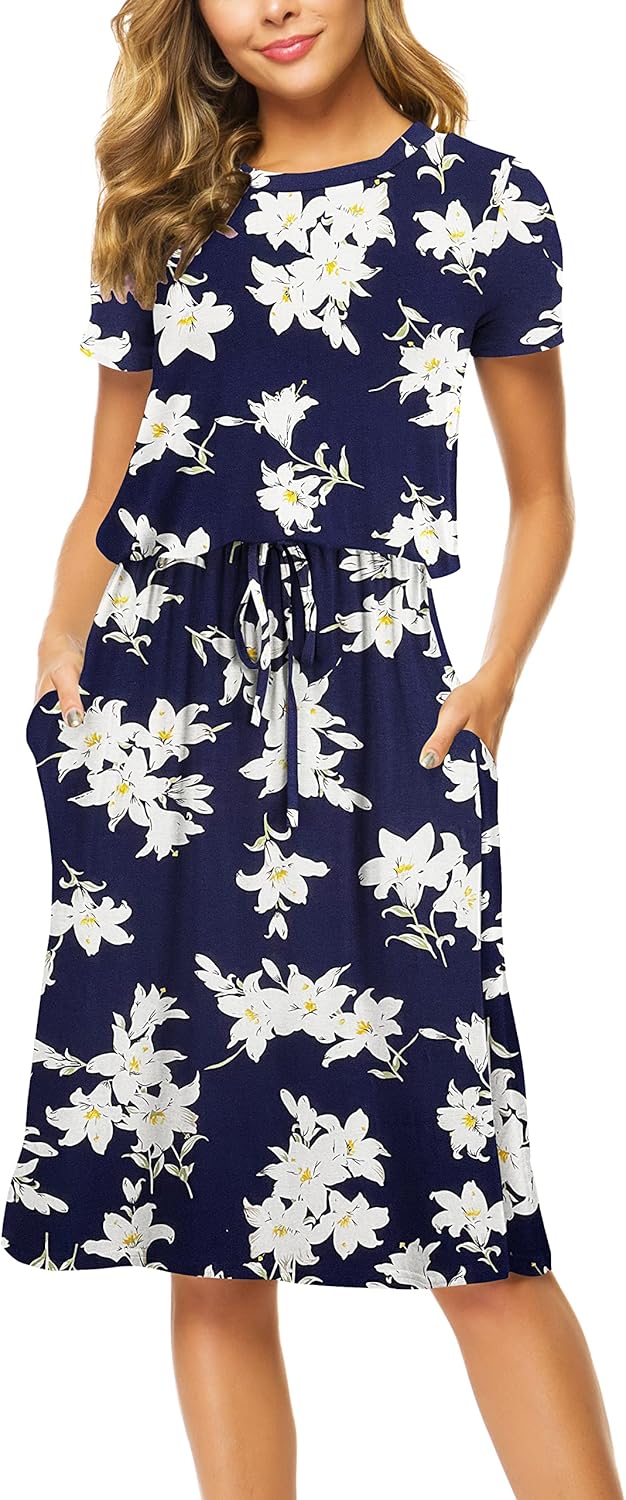 Manufacturer  Simier Fariry Womens Summer Hide Belly Knee Length Travel Dress Pocket Short Sleeve Midi Work Casual Teacher Outfit dresses