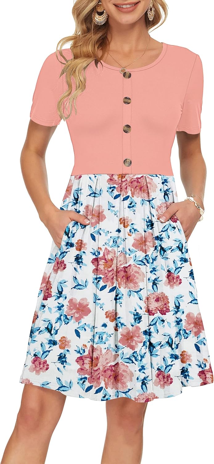 Manufacturer  AUSELILY Women's Short Sleeve Summer Dress Pleated Button Down Knee Length Dresses with Pockets New dresses