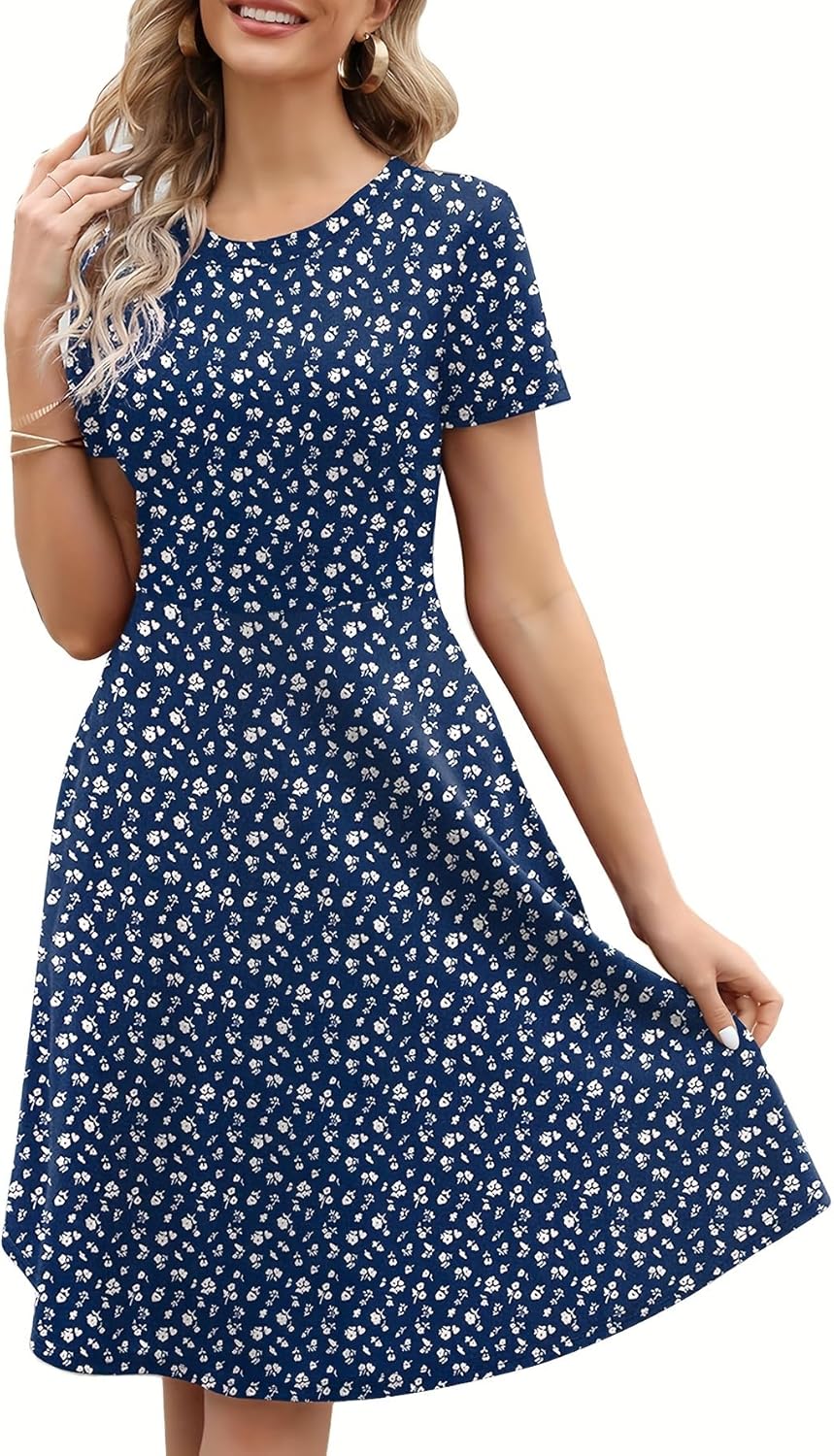 Manufacturer Women's Elegant Knee Length Dresses Vintage 50s Office Casual Floral Print Work Party A-Line Swing Dresses with Pockets 162