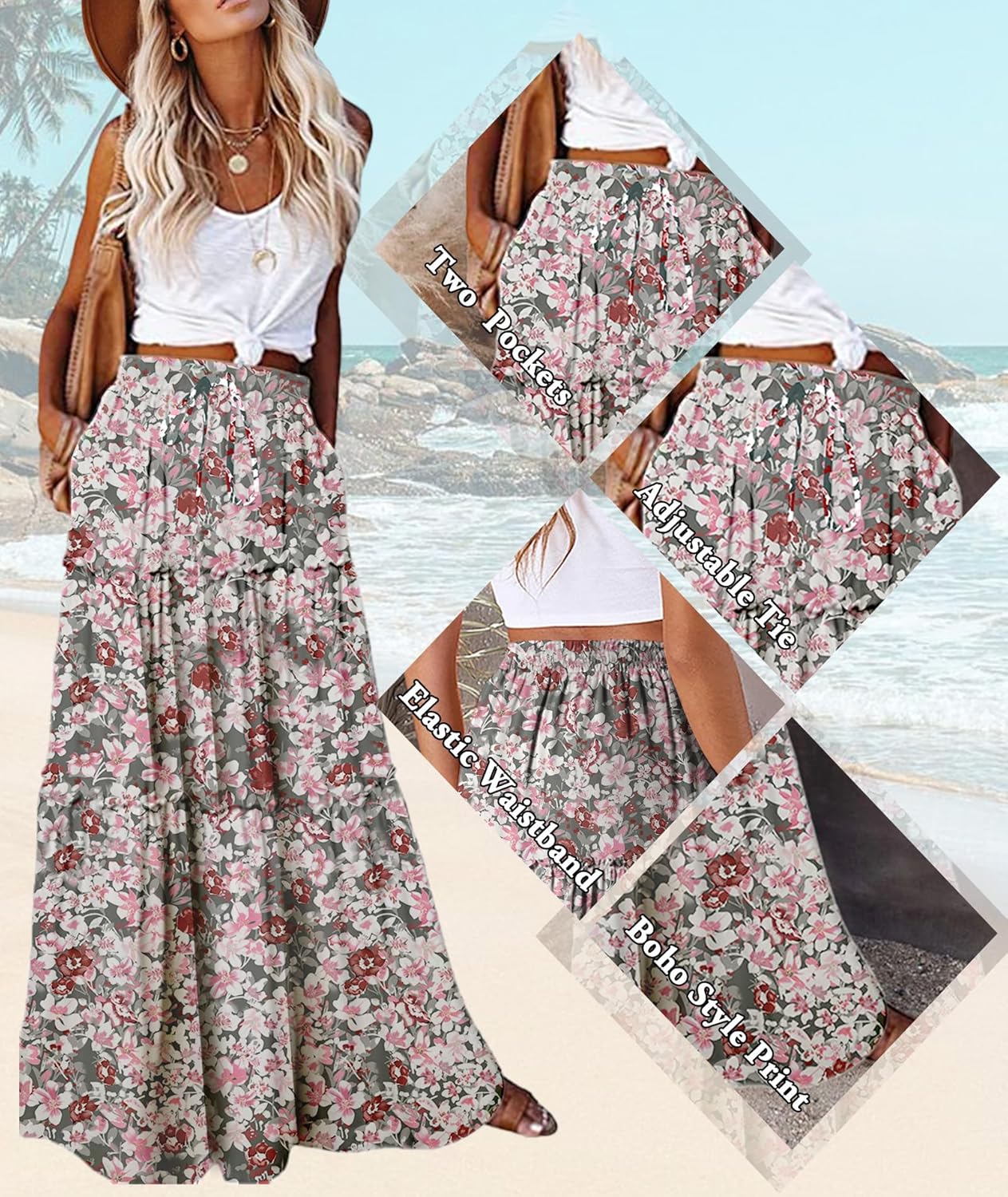 Manufacturer  EARKOHA Womens Casual High Waist Tie Paisley Print Long Maxi Skirt with Pockets skirts