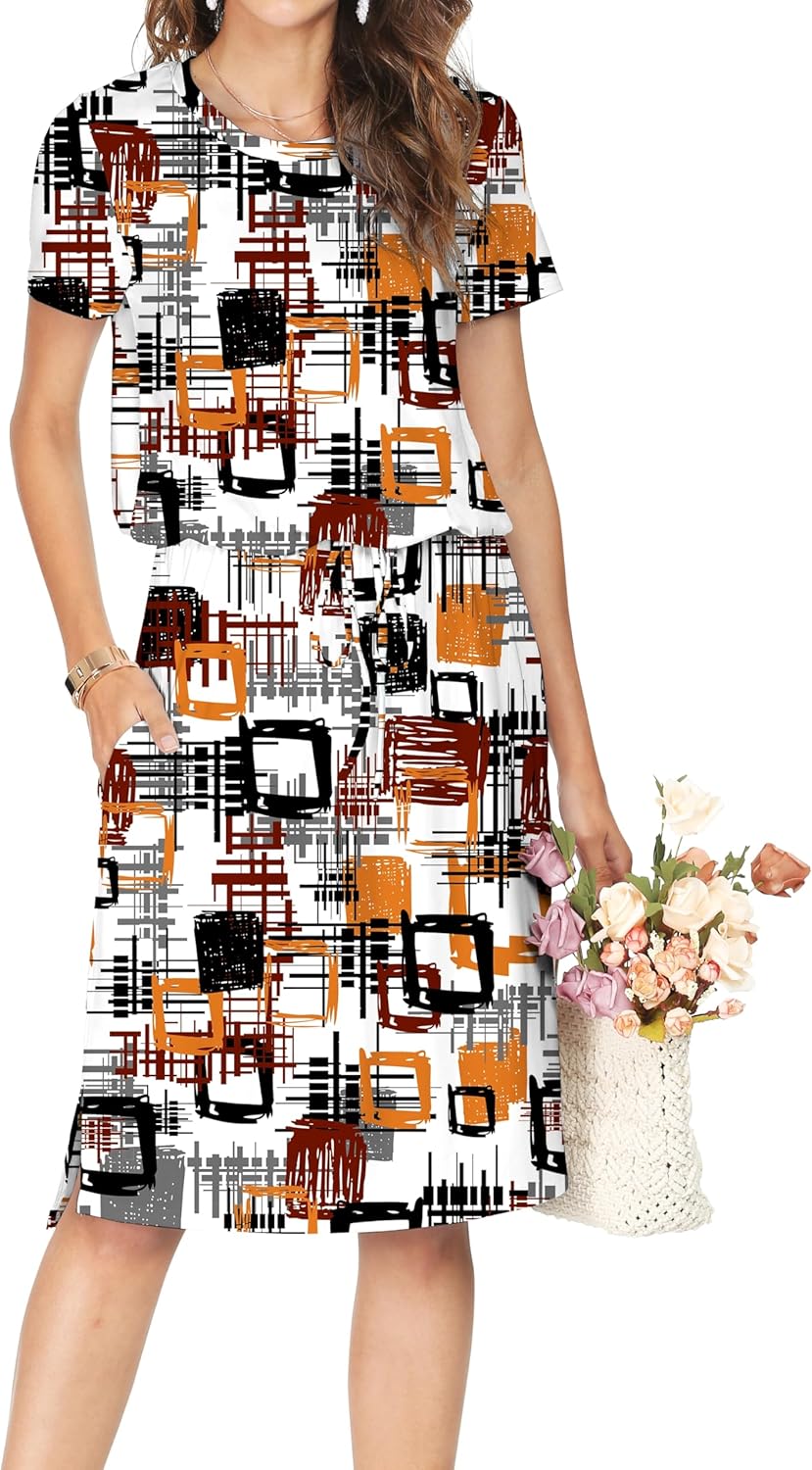 Manufacturer  Simier Fariry Womens Summer Hide Belly Knee Length Travel Dress Pocket Short Sleeve Midi Work Casual Teacher Outfit dresses