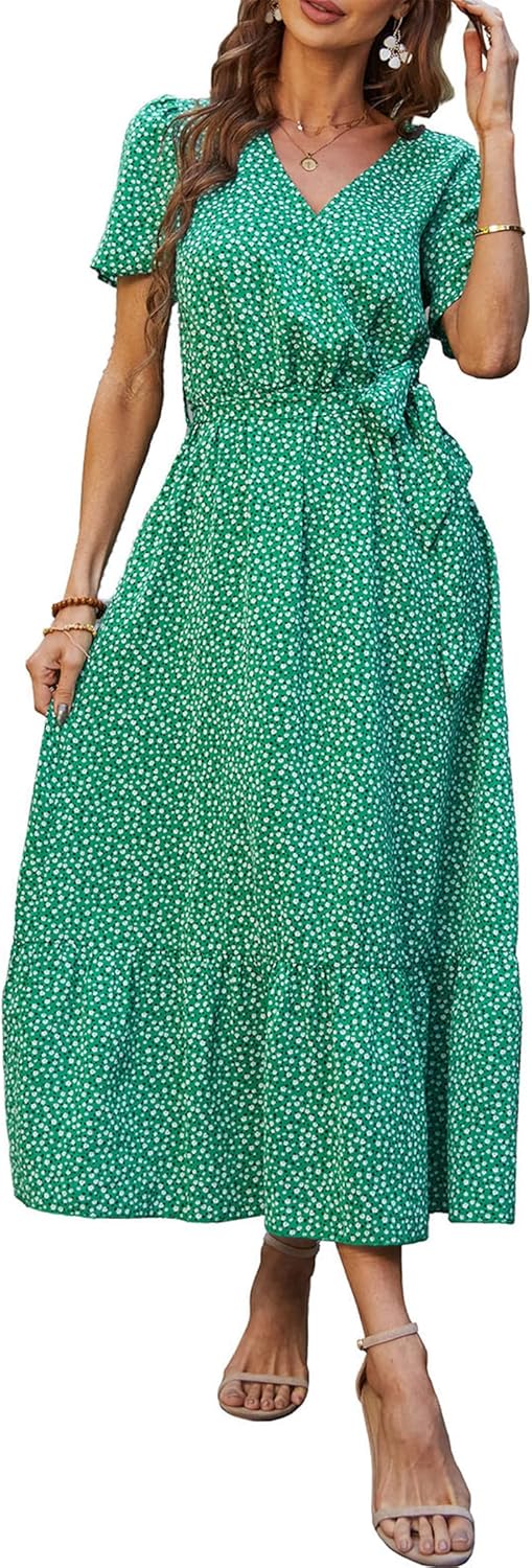 Manufacturer  PRETTYGARDEN Women's Summer Floral Boho Maxi Dress Wrap Short Sleeve V Neck Ruffle A-Line Flowy Wedding Guest Long Dresses dresses