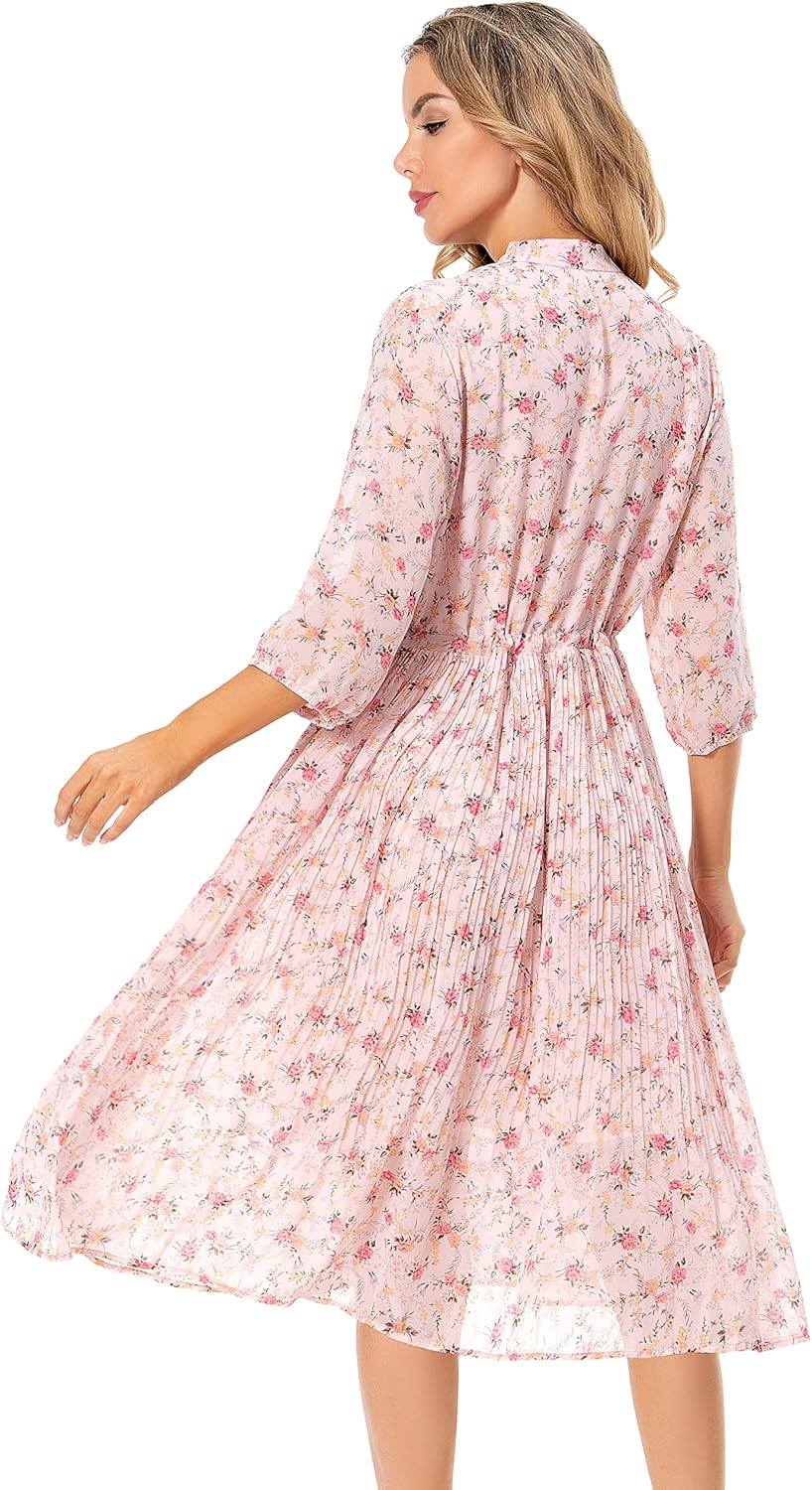 Manufacturer  Shineflow Women's Short Sleeve V-Neck 3/4 Sleeve Button Up Chiffon Floral Pleated Midi Swing Dress with Belt dresses