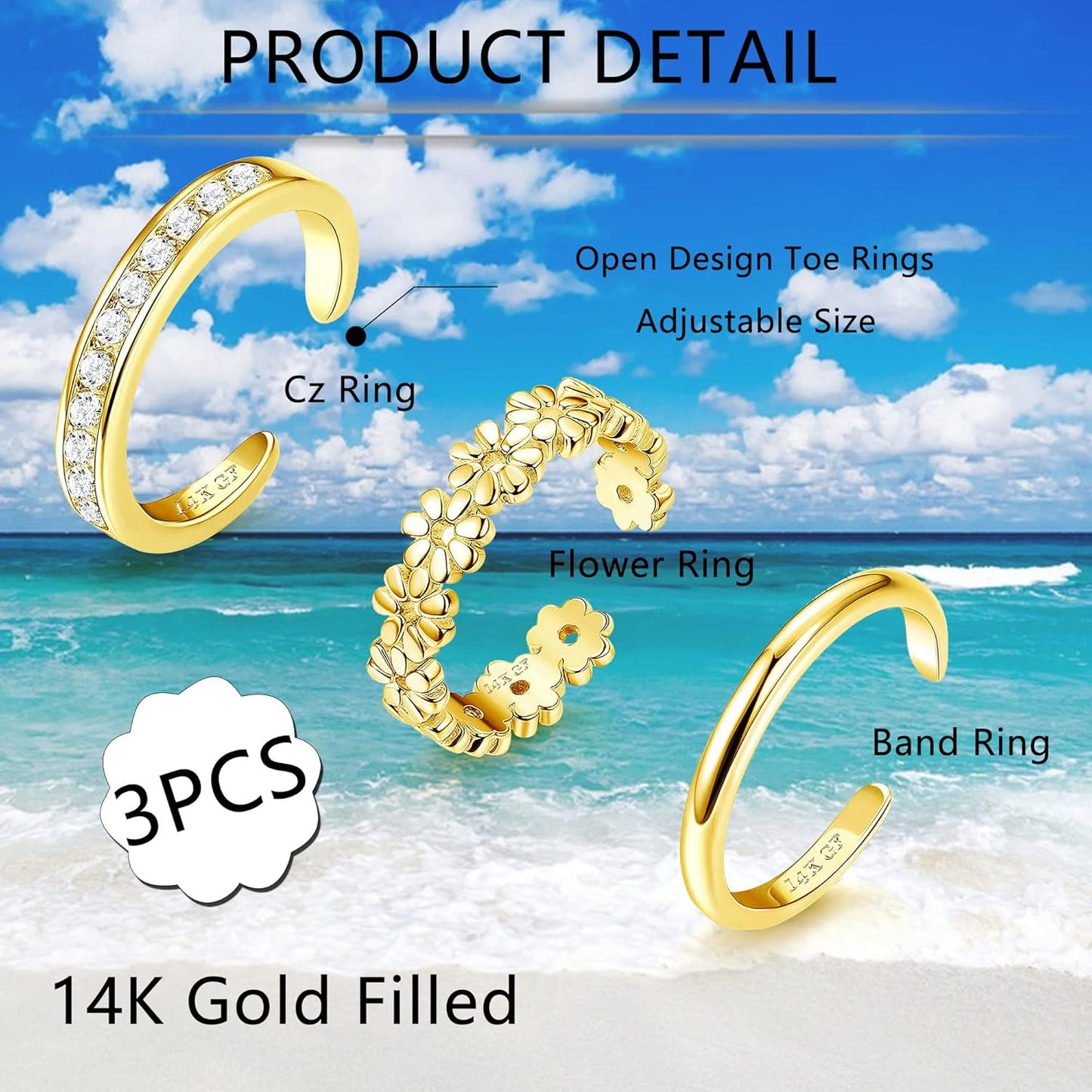 Manufacturer  FIASASO 3Pcs Gold Filled Toe Rings for Women Non Tarnish 14K Gold Filled Toe Ring Adjustable Flower Cz Dainty Toe Ring Summer Beach Open Toe Rings Set Toe Jewelry Foot Jewelry   rings