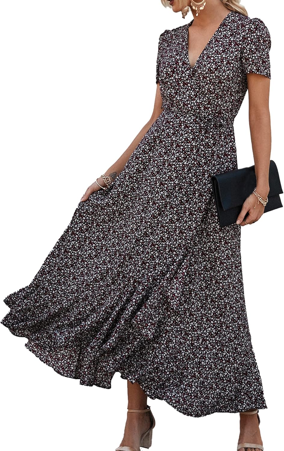 Manufacturer  PRETTYGARDEN Women's Summer Maxi Dress Casual Wrap Floral Boho Short Sleeve V Neck Split Ruffle Beach Long Dresses dresses