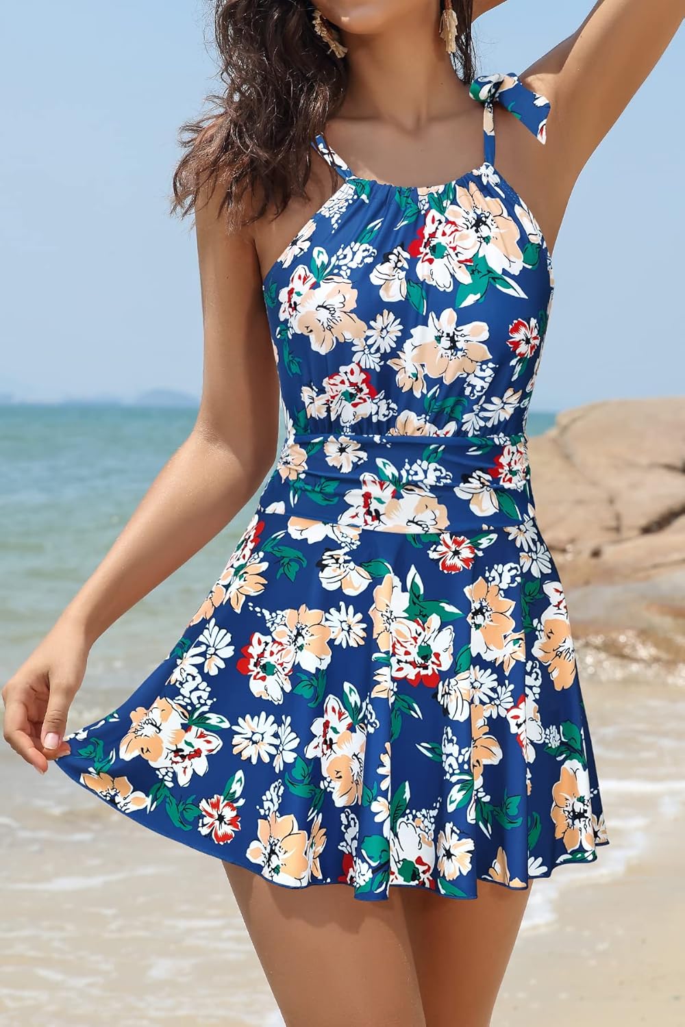 Manufacturer  SHEKINI Women's High Neck One Piece Swimdress Floral Swim Dress Bandage Swim Skirt  Swimsuit