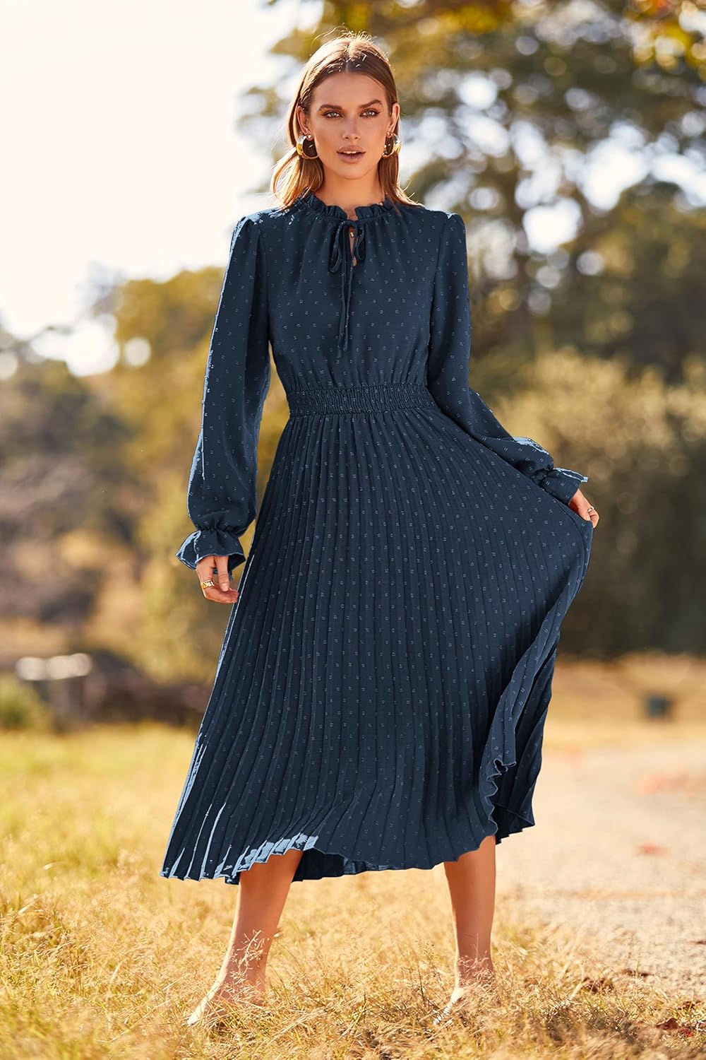 Manufacturer PRETTYGARDEN Women's  Spring Fall Midi Dress Casual Long Sleeve V Neck Swiss Dot Pleated A Line Flowy Dresses