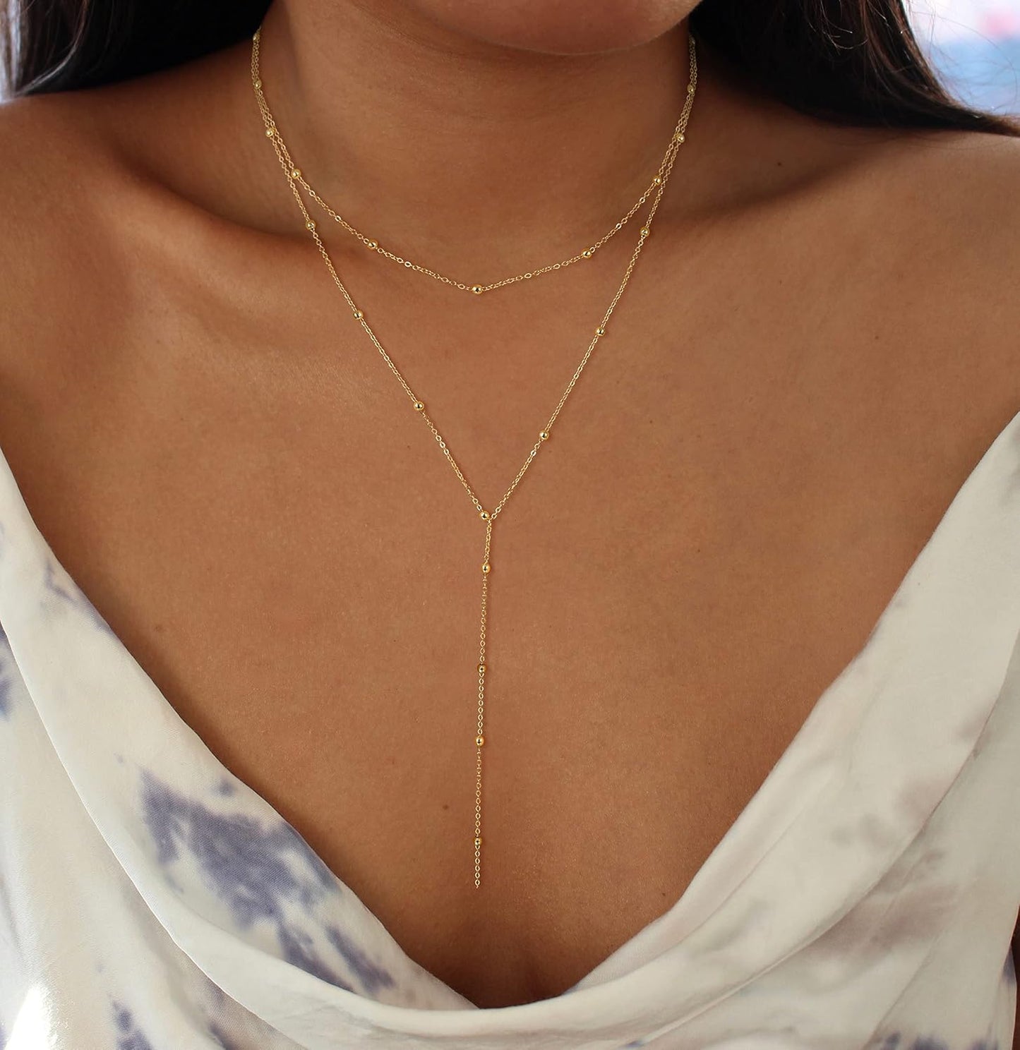 Manufacturer  Foxgirl Lariat Gold Necklace for Women, Dainty Long Necklace 14k Gold Plated/Silver Y-Shaped Pendant Necklace Trendy Layered Cz Beaded Chain Drop Necklaces Simple Gold Jewelry For Women Gift  Necklace