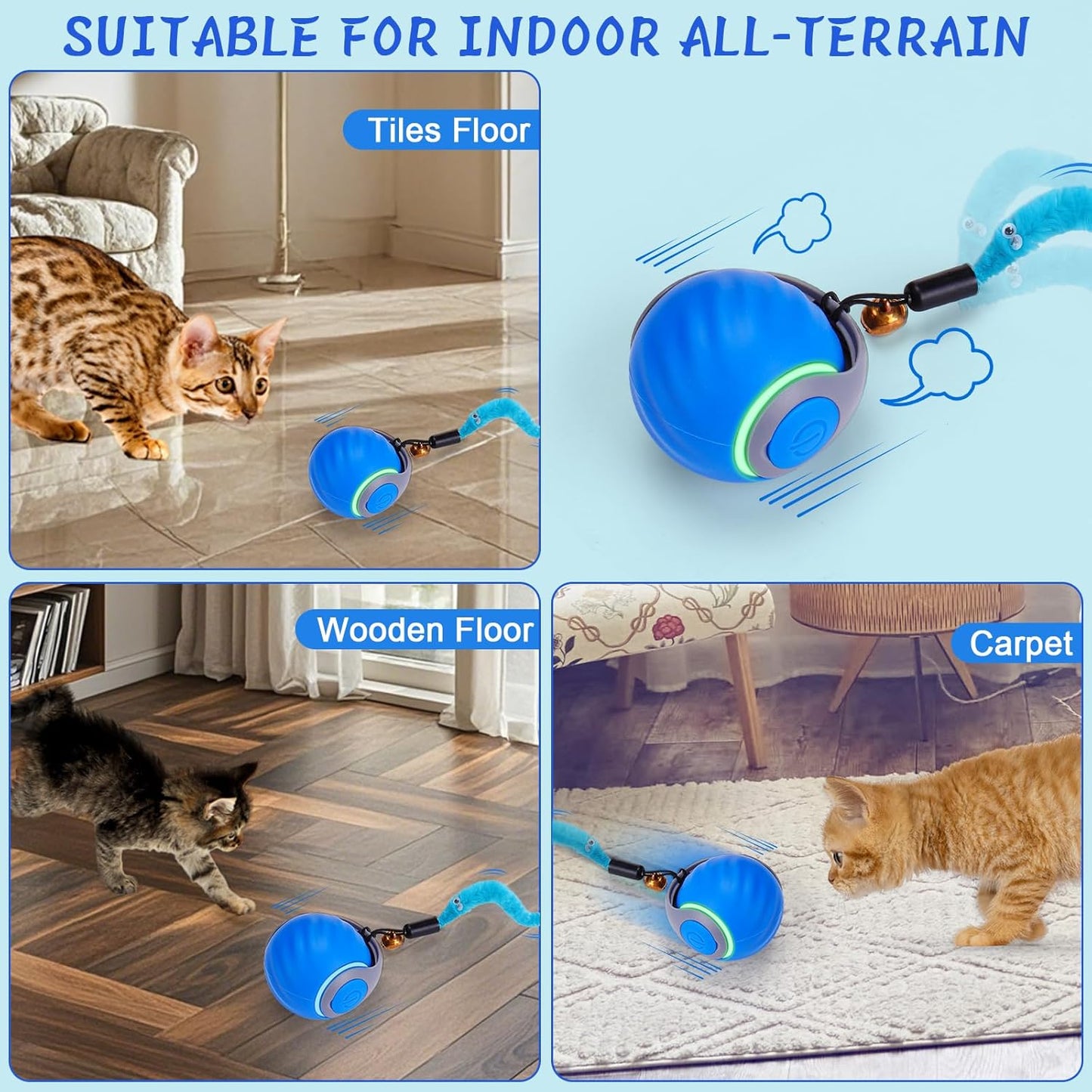 Manufacturer  BABORUI Interactive Cat Toy Ball - Automatic Interactive Cat Toys for Indoor Cats with 3 Tails, 2 Speeds Rechargeable Cat Enrichment Toys for Small/Medium/Large Cats to Keep Them Busy(Blue)    Cat toy