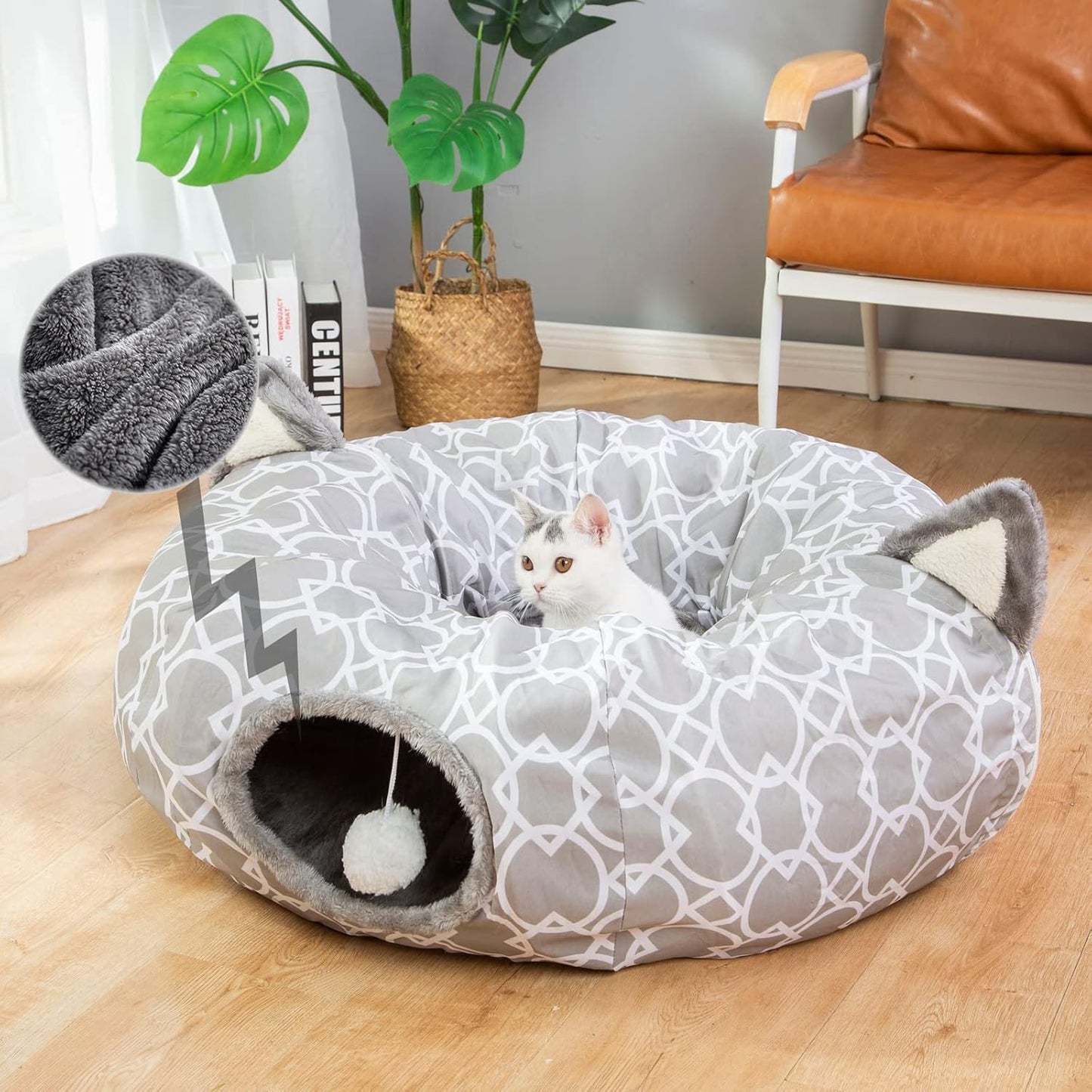 Manufacturer  LUCKITTY Geometric Straight Cat Tunnel with Plush Inside,Cats Toys Collapsible Tunnel Tube with Balls, for Rabbits, Kittens, Ferrets,Puppy, Diameter 9.8 Inch    Cat toy