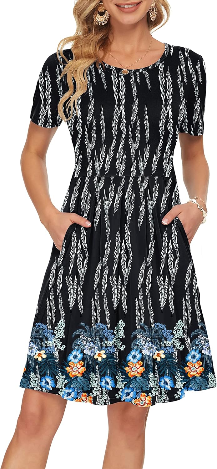 Manufacturer  AUSELILY Women's Short Sleeve Summer Dress Pleated Loose Swing Knee Length Dresses with Pockets  New dresses