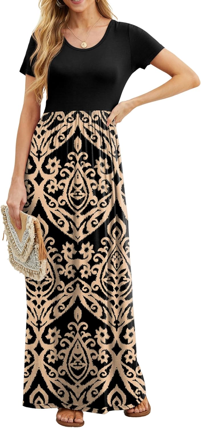 Manufacturer  GRECERELLE Women Summer Crew Neck Casual Short Sleeve Solid Floral Print Long Maxi Dress with Pockets dresses