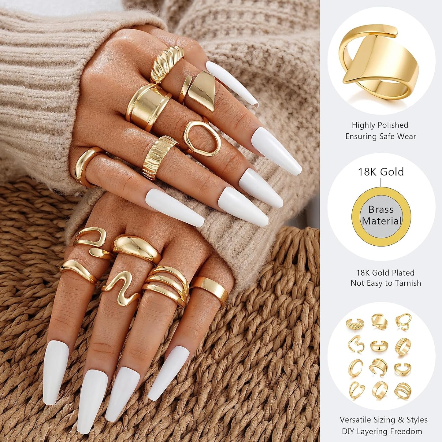 Manufacturer  12 PCS Chunky Gold Stackable Rings for Women Non Tarnish, 18K Gold Plated Statement Open Stacking Rings, Knuckle Band Ring Set   rings