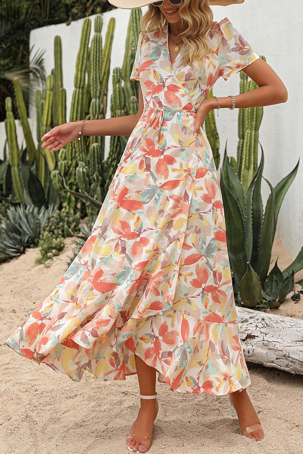 Manufacturer  PRETTYGARDEN Women's Summer Maxi Dress Casual Wrap Floral Boho Short Sleeve V Neck Split Ruffle Beach Long Dresses dresses