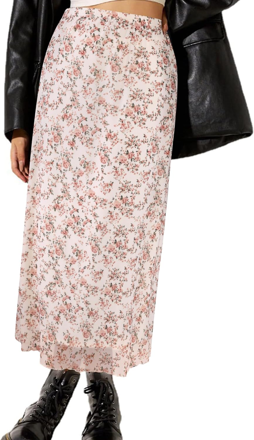 Manufacturer  Avanova Women Mesh Floral Boho High Waist Midi Skirt Lettuce Trim Summer A Line Skirts