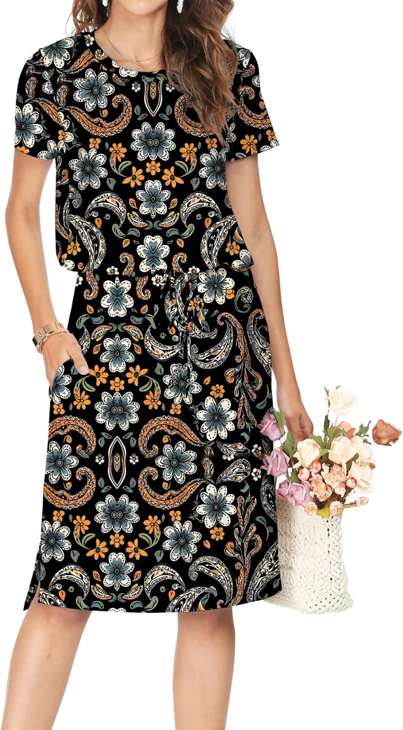 Manufacturer  Simier Fariry Womens Summer Hide Belly Knee Length Travel Dress Pocket Short Sleeve Midi Work Casual Teacher Outfit dresses