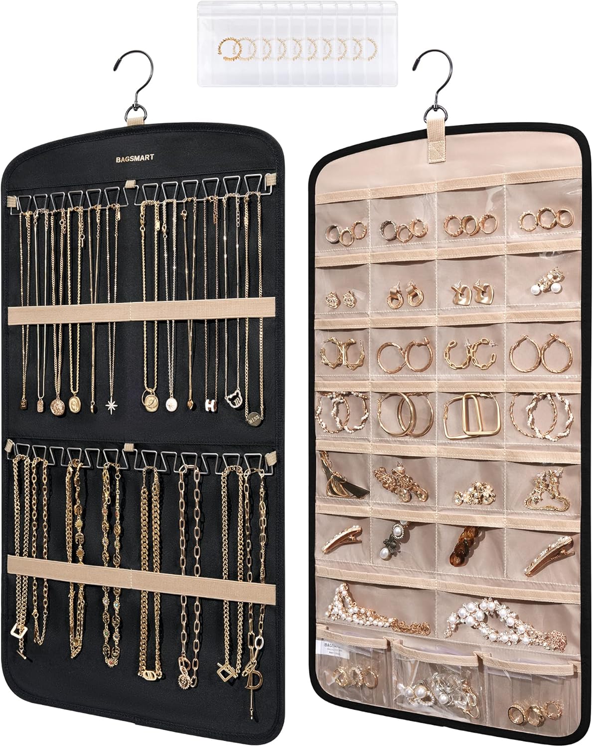 Manufacturer  BAGSMART Hanging Jewelry Organizer, Necklace Holder Anti-tangle Earrings Rings Hanger with 20 Jewelry Bags Travel Storage Roll with Pockets Hang on Closet, Wall, Door,1 Piece, Large, Black  earring