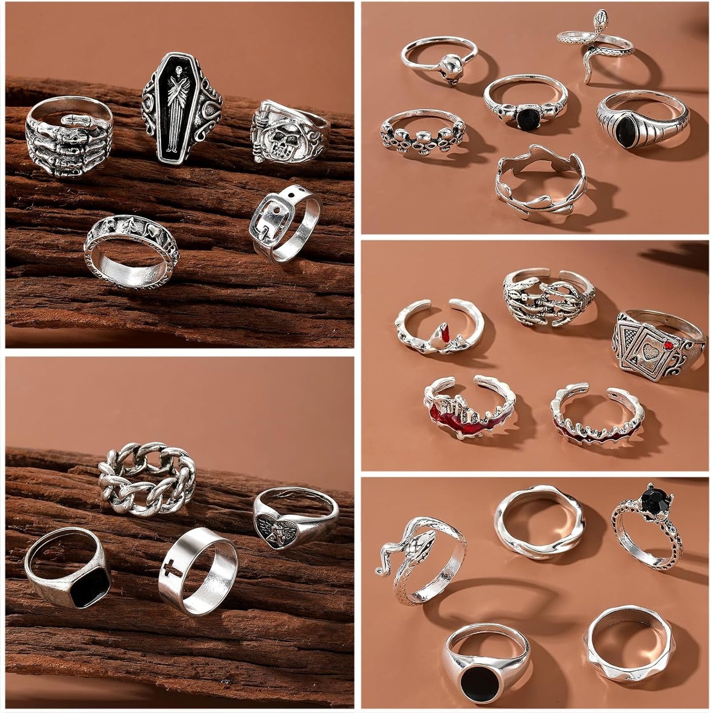Manufacturer  IFKM Vintage Silver Knuckle Rings Set for Women, Stackable Joint Finger Statement Rings Bohemian Retro Hollow Carved Midi Rings, Boho Halloween Skeleton Skull Snake Heart Chunky Stacking Rings Pack   rings