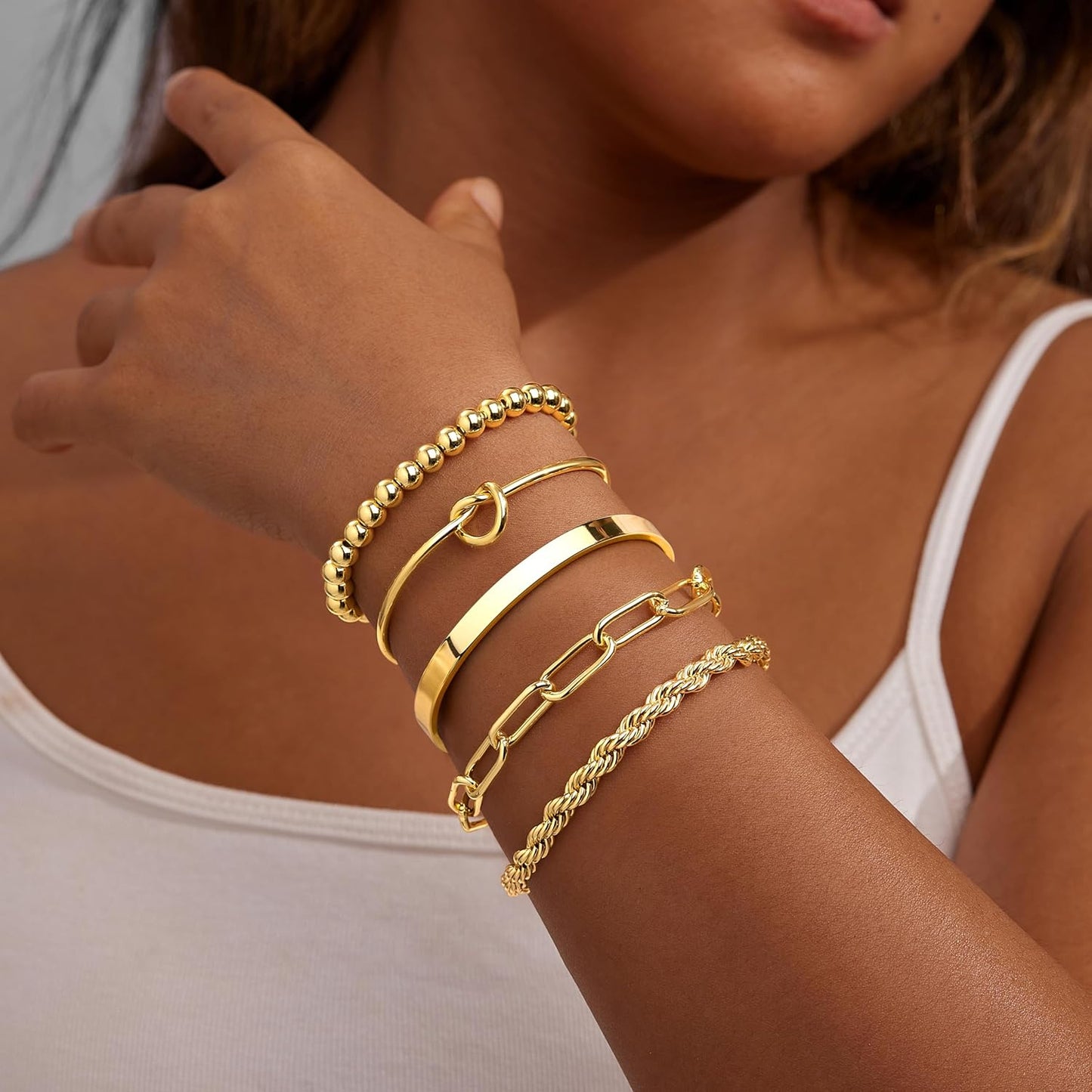 Manufacturer  Gold Bracelets for Women Non Tarnish, 14K Gold Plated Chunky Cuff Bracelet Gold Bangles Bracelet for Women Trendy Tie Knot Cuban Rope Paperclip Beaded Bracelet Stack Jewelry Gifts  bracelets