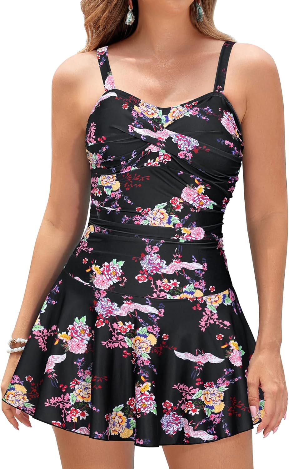 Manufacturer  SHEKINI Women's Crossover Ruched Skirt One Piece Swimdress Swimsuit Bathing Suit  Swimsuit