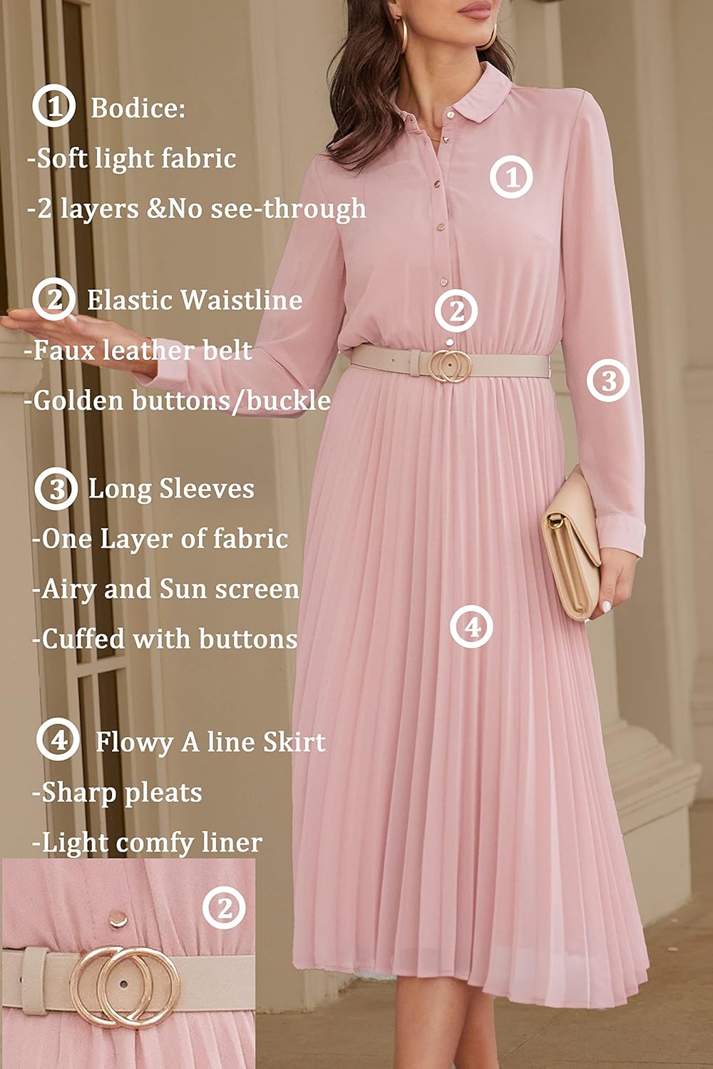 Manufacturer  Business Casual Shirt Dress for Women Long Sleeves Pleated Midi Dresses with Belt dresses