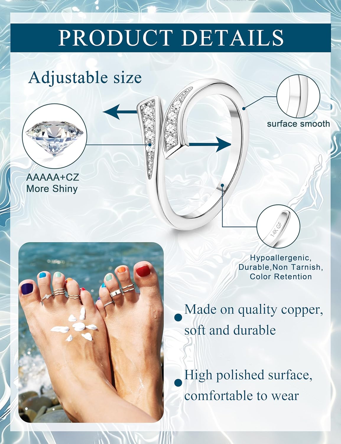 Manufacturer  JeryWe 9 Pcs Adjustable Toe Rings for Women Open Cuff Toe Rings Silver Golden Summer Beach Toe Rings Set CZ Tail Pinky Band Rings Beach Foot Jewelry Set   rings