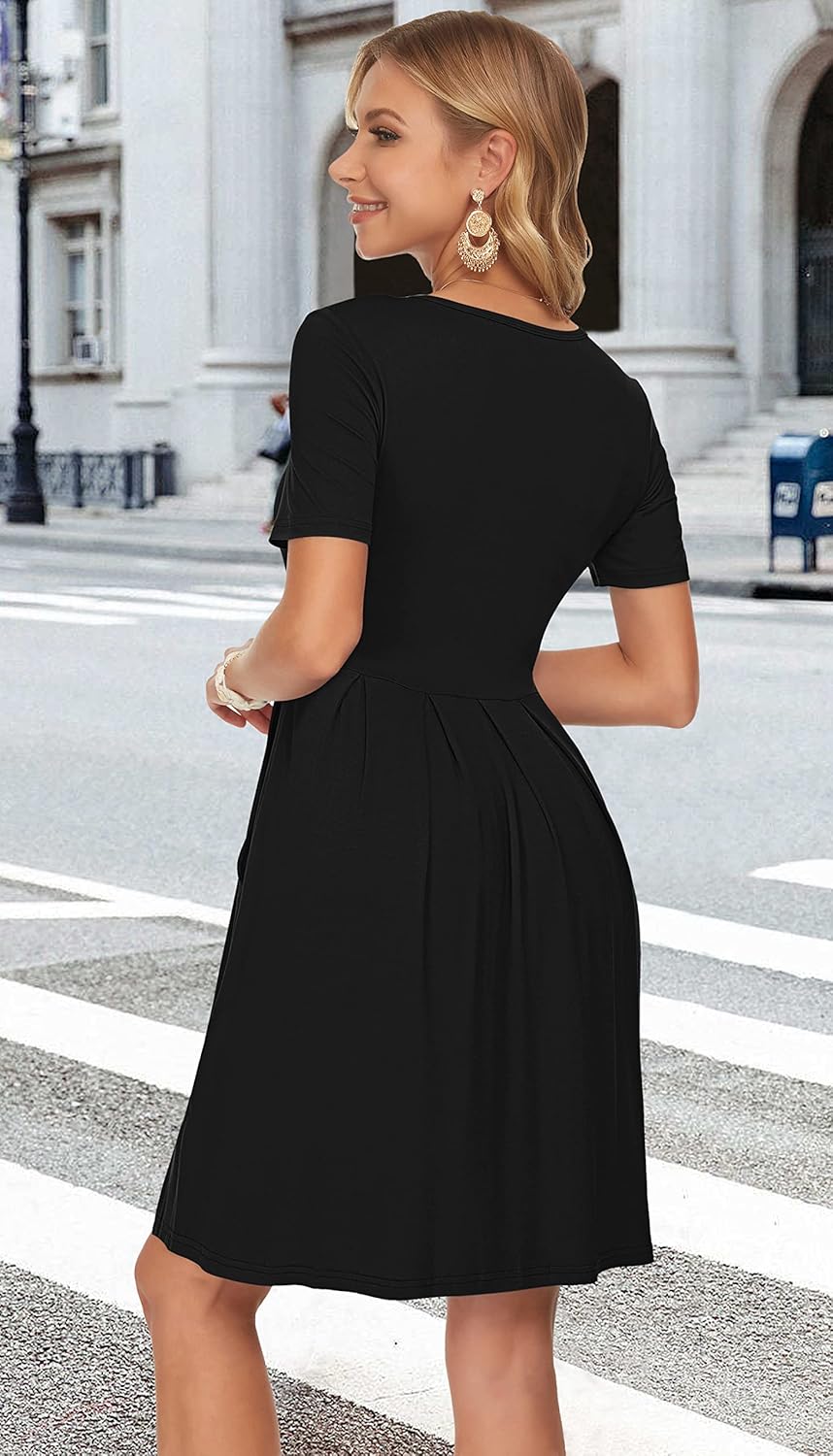 Manufacturer  AUSELILY Women's Short Sleeve Summer Dress Pleated Loose Swing Knee Length Dresses with Pockets  New dresses