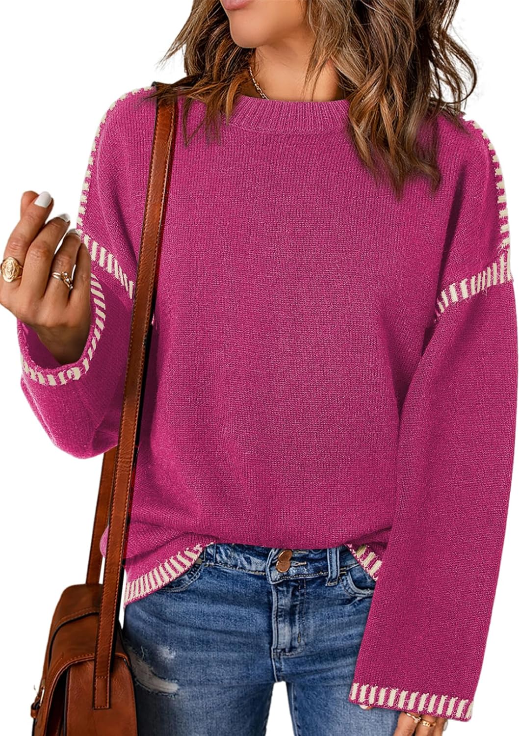 Manufacturer  Dokotoo Sweaters for Women Fashion Solid Crewneck Loose Fit Long Sleeve Contrast Cable Knit Pullover Sweater Jumper Tops   sweaters